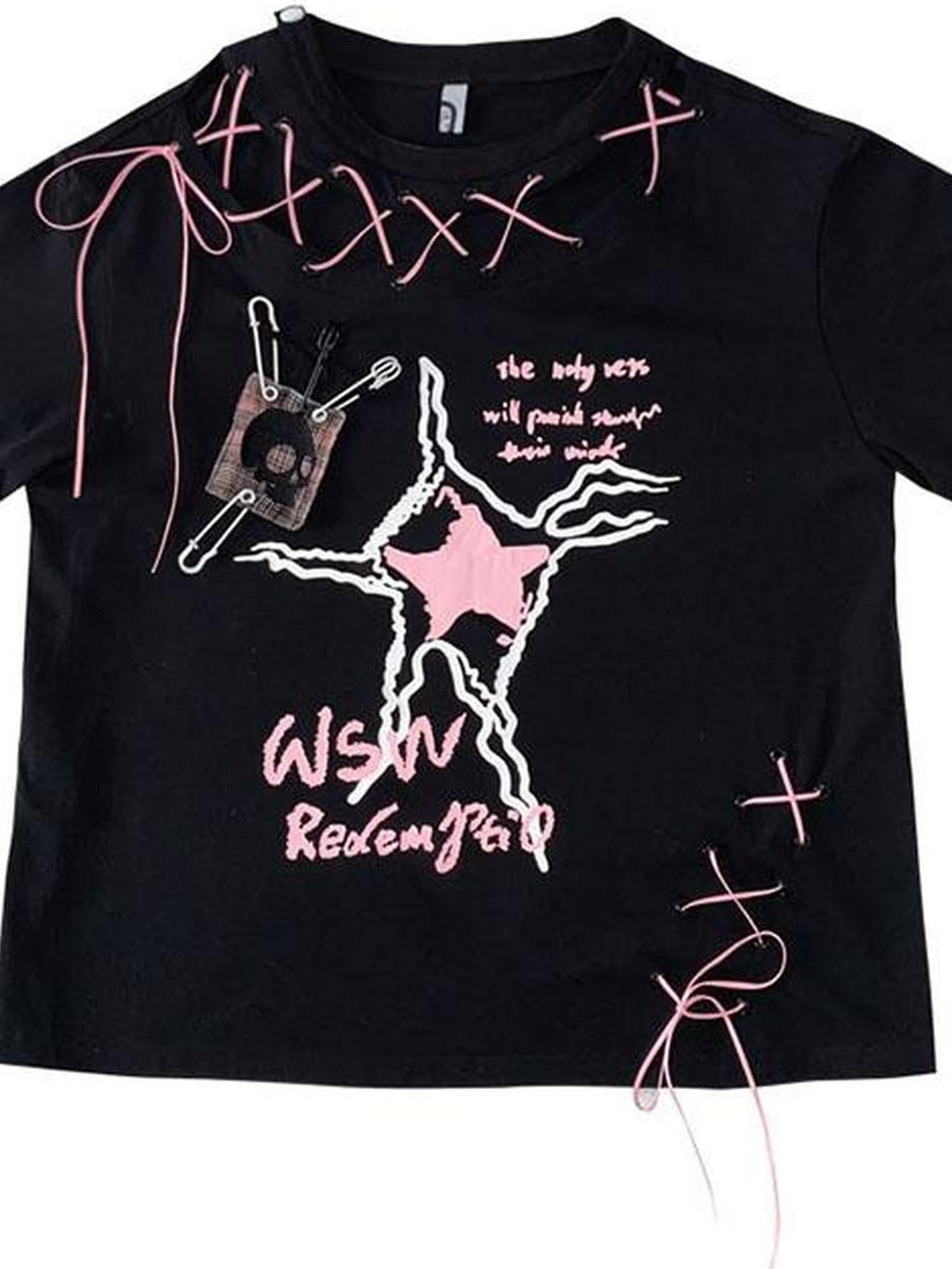 WSW WUSHENWU Unique Black Pink Asymmetrical Straps Asian Fit Tee