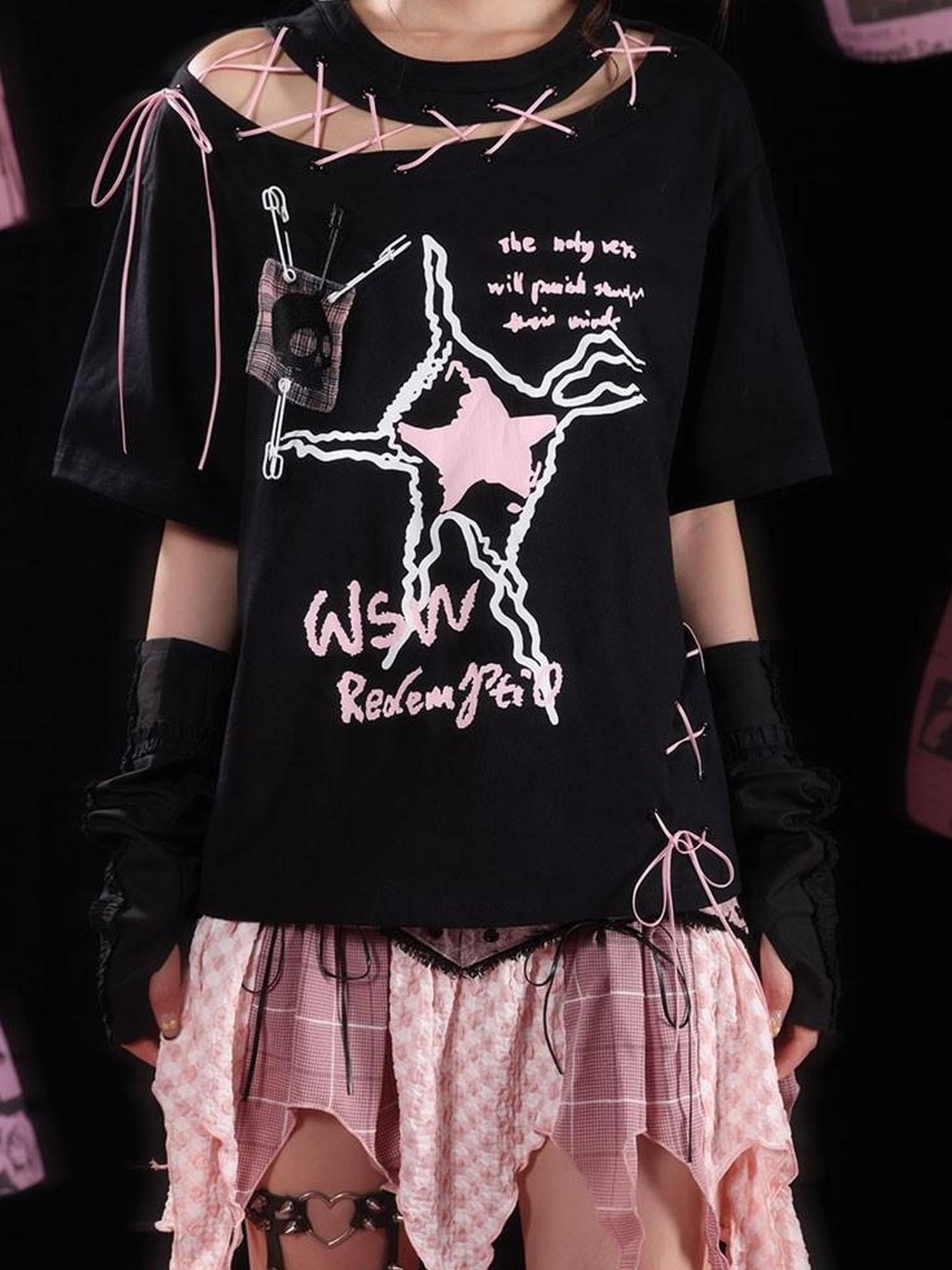WSW WUSHENWU Unique Black Pink Asymmetrical Straps Asian Fit Tee