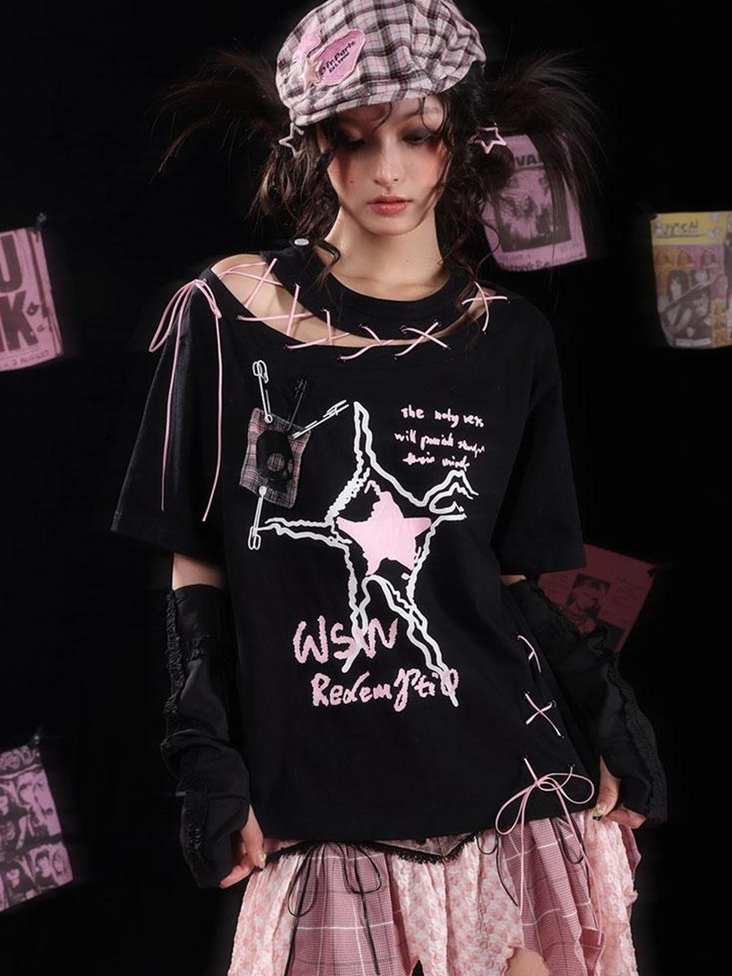WSW WUSHENWU Unique Black Pink Asymmetrical Straps Asian Fit Tee