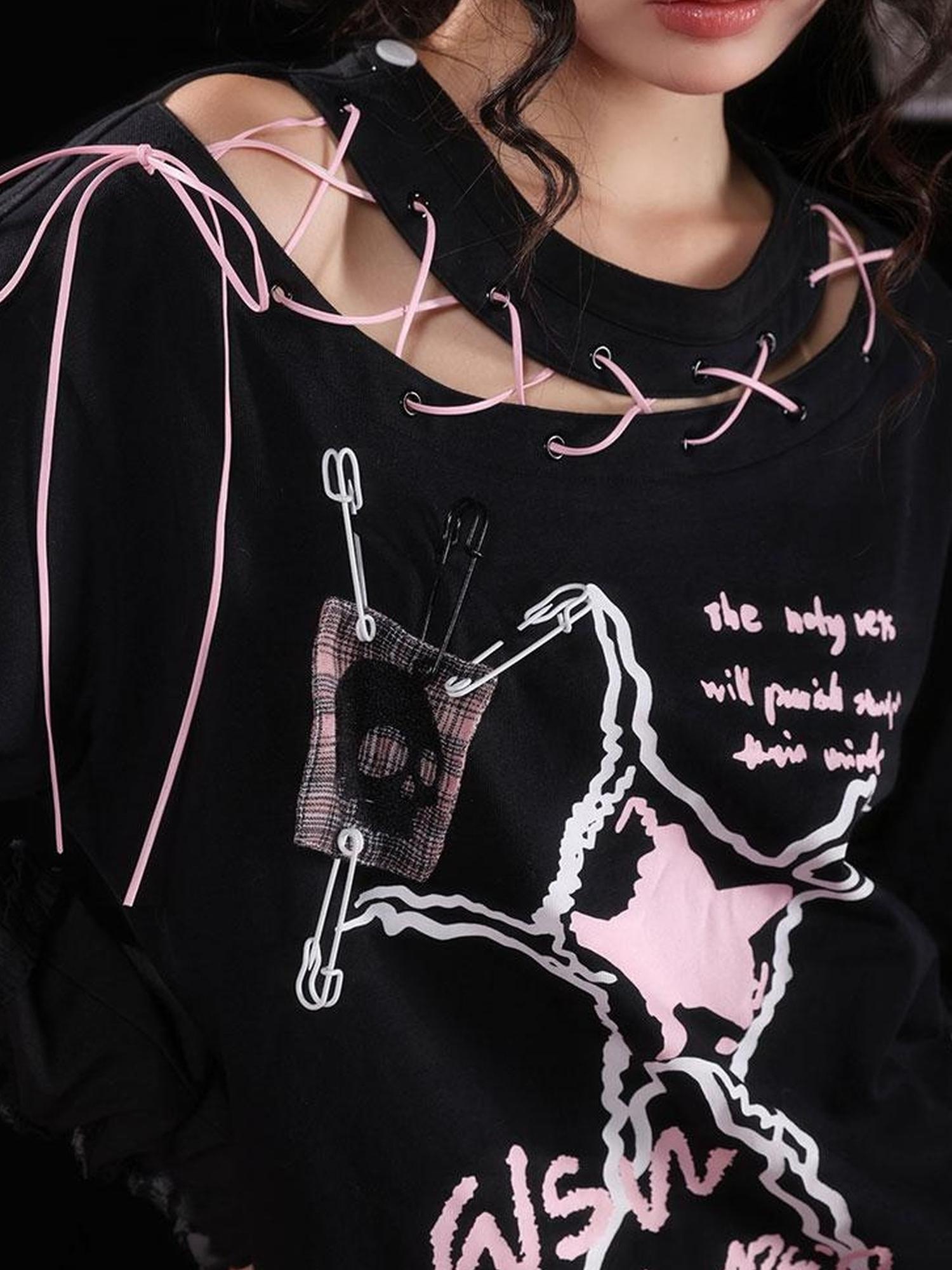 WSW WUSHENWU Unique Black Pink Asymmetrical Straps Asian Fit Tee