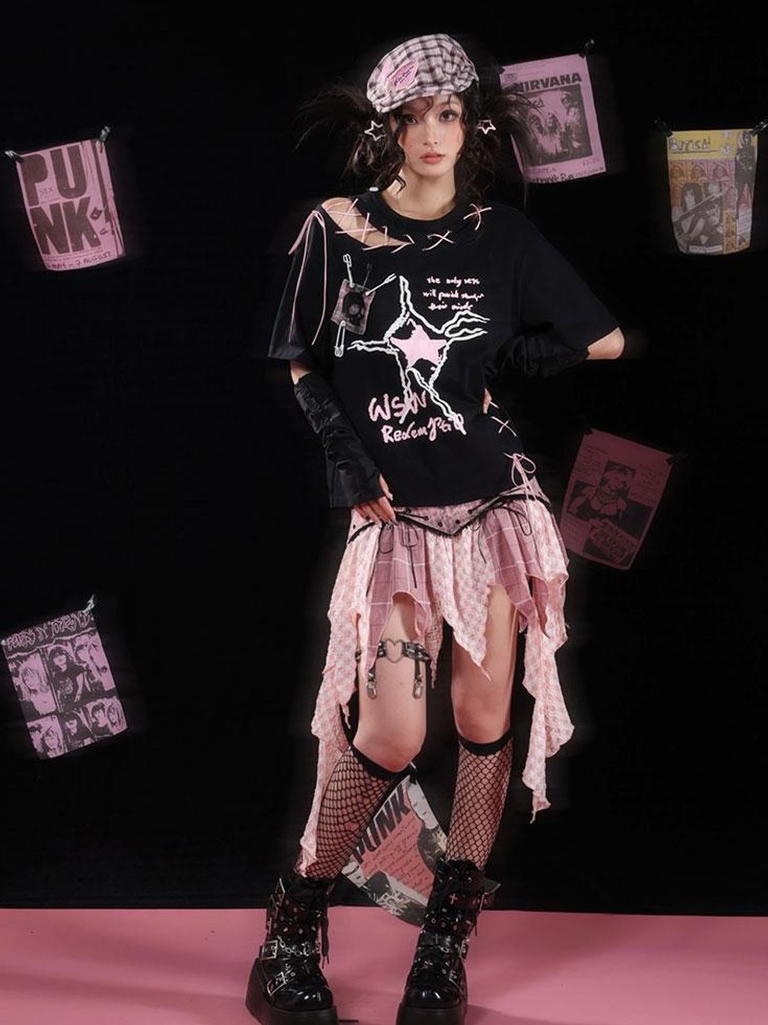 WSW WUSHENWU Unique Black Pink Asymmetrical Straps Asian Fit Tee