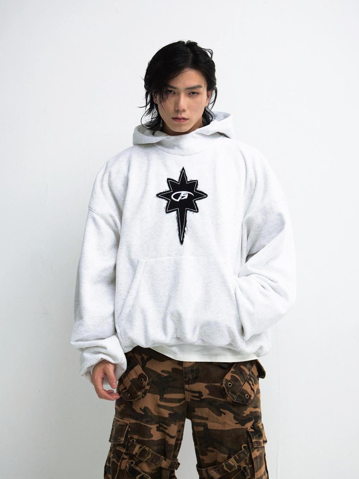 Peoplesense Unisex Black Embroidered Loose Hooded Sweatshirt Retro Style