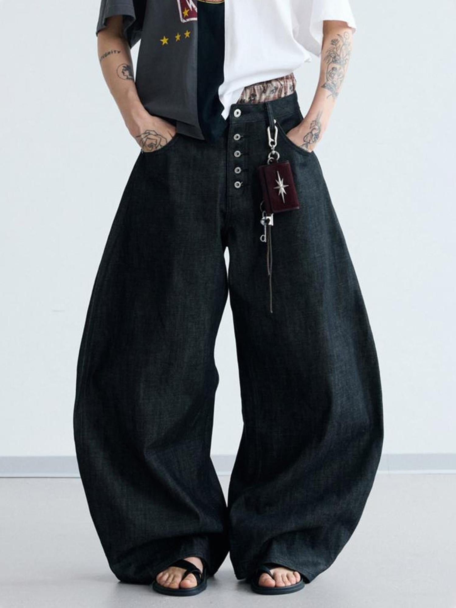 Peoplesense Unisex Black Wide Leg Scimitar Jeans Loose Fit Casual Pants