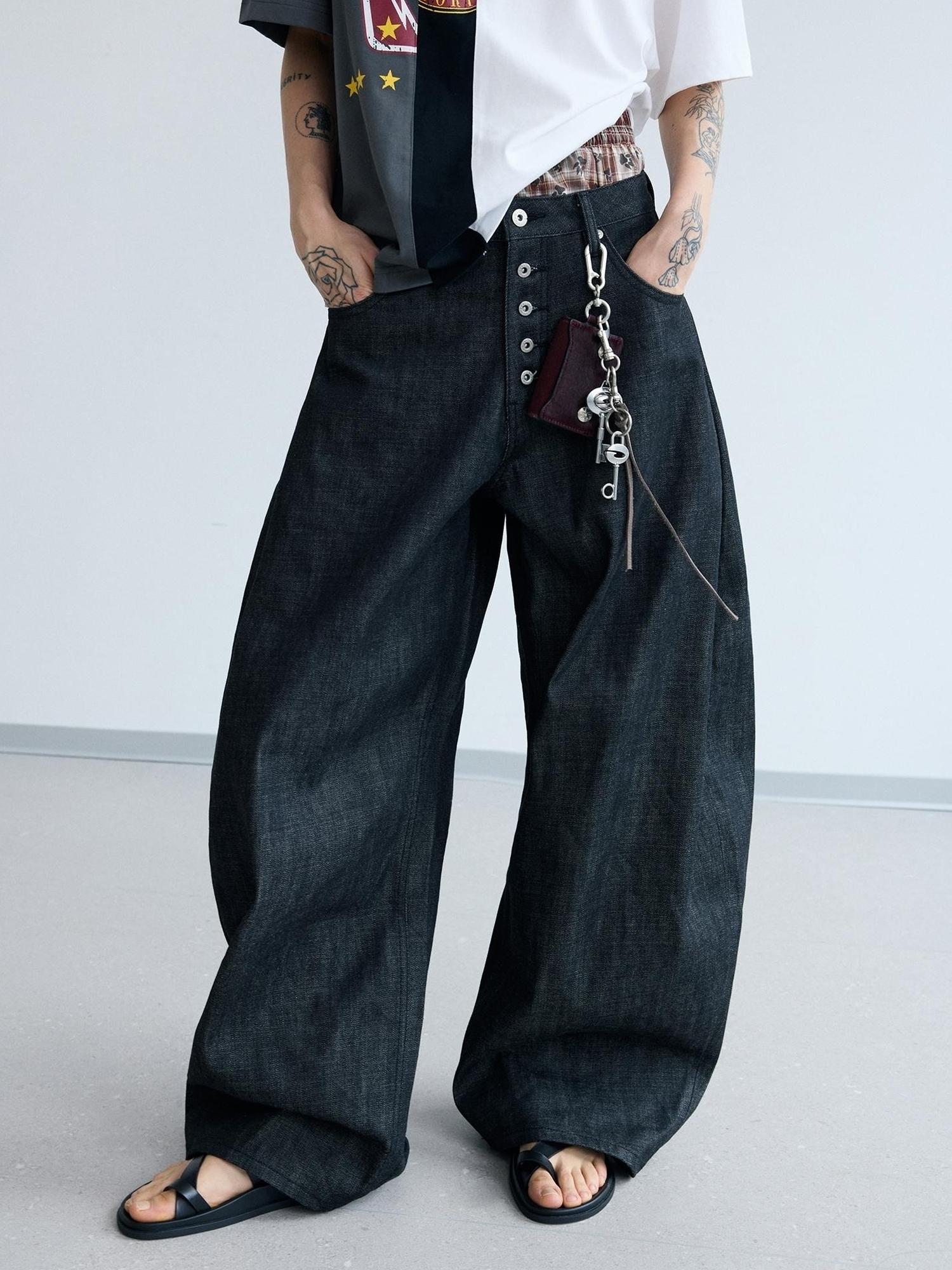Peoplesense Unisex Black Wide Leg Scimitar Jeans Loose Fit Casual Pants