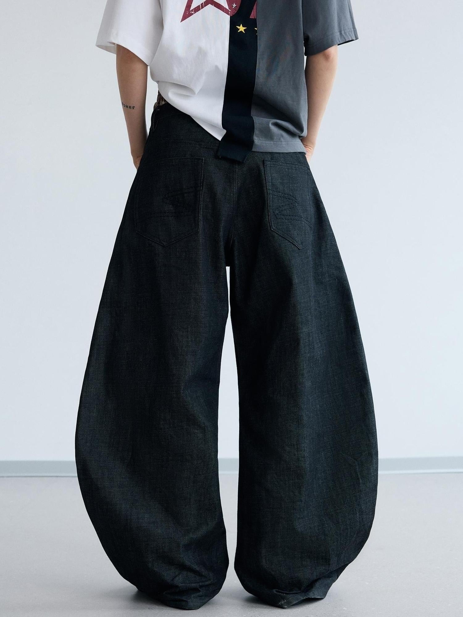 Peoplesense Unisex Black Wide Leg Scimitar Jeans Loose Fit Casual Pants