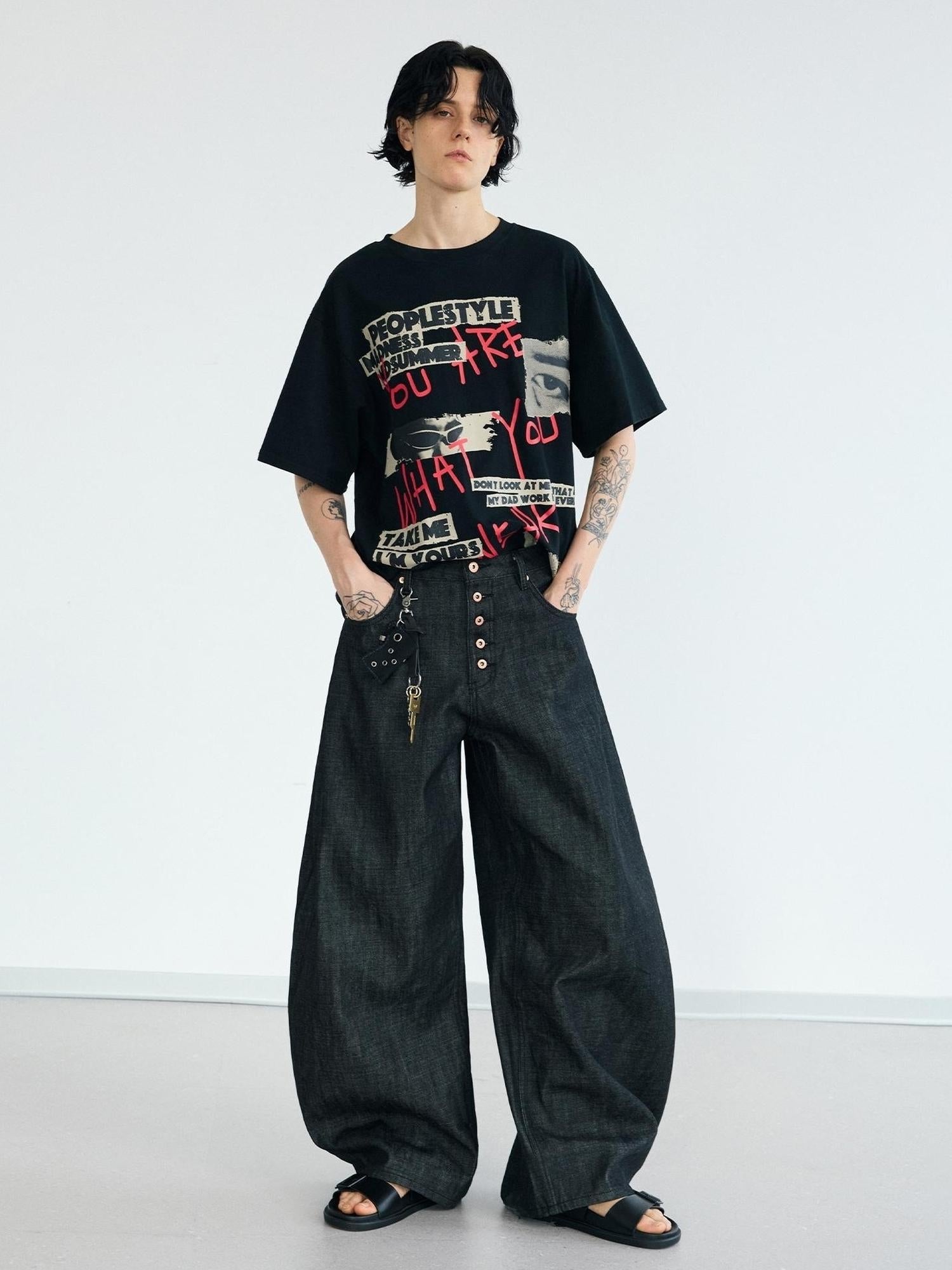Peoplesense Unisex Black Wide Leg Scimitar Jeans Loose Fit Casual Pants
