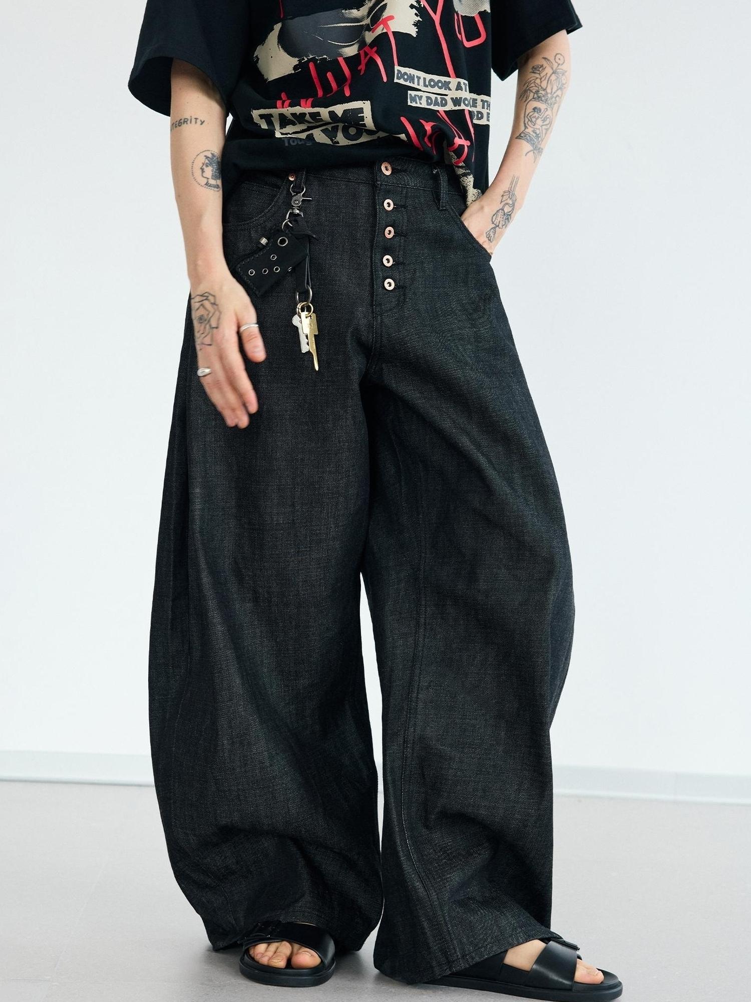 Peoplesense Unisex Black Wide Leg Scimitar Jeans Loose Fit Casual Pants