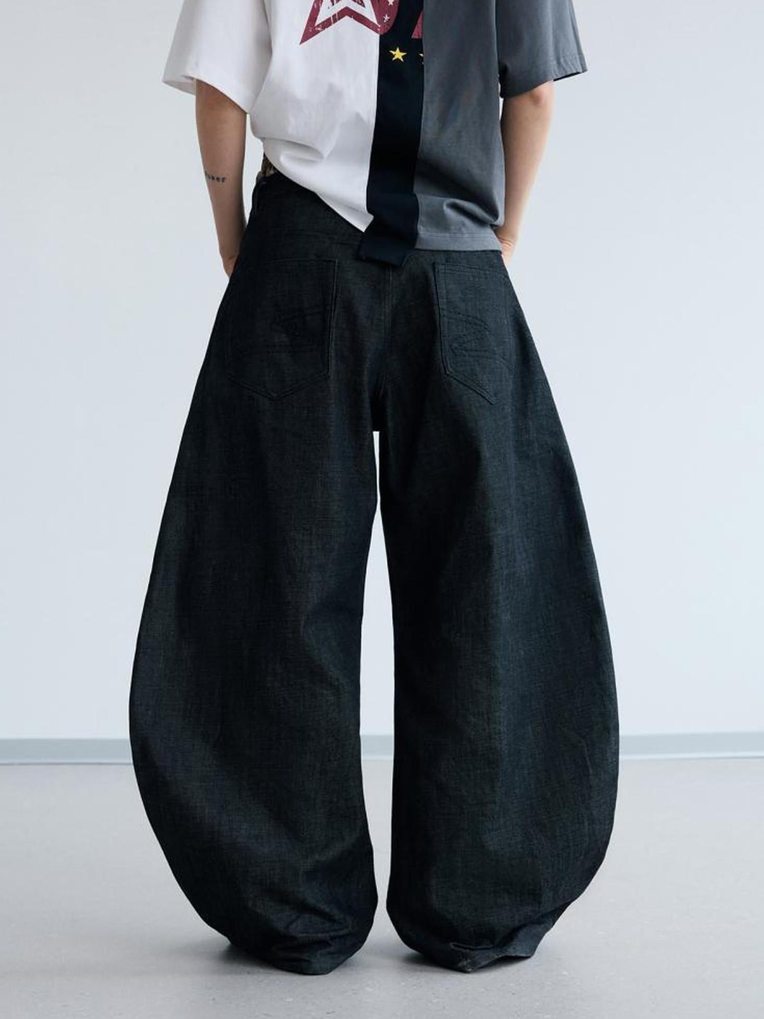 Peoplesense Unisex Black Wide Leg Scimitar Jeans Loose Fit Casual Pants