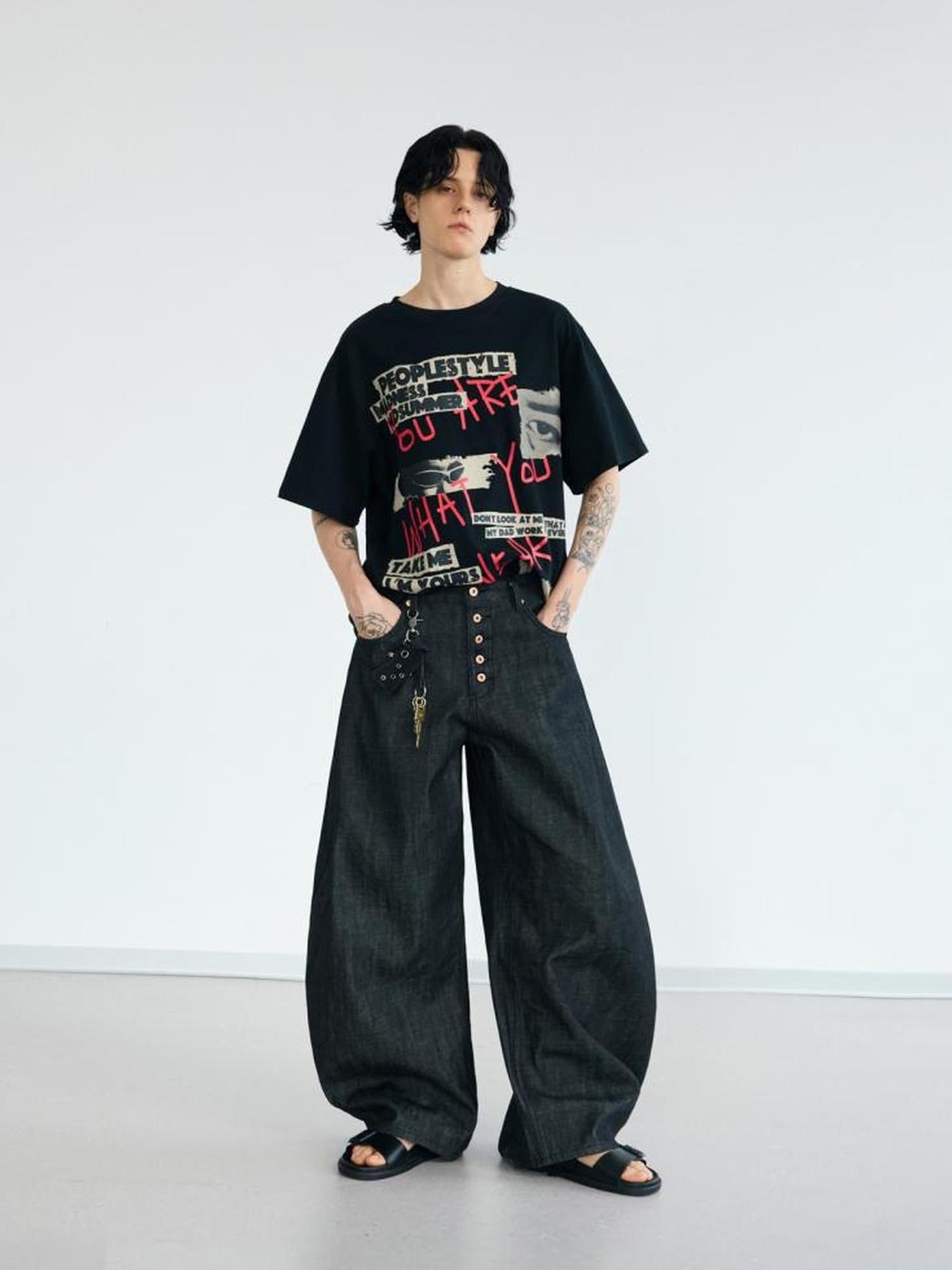 Peoplesense Unisex Black Wide Leg Scimitar Jeans Loose Fit Casual Pants