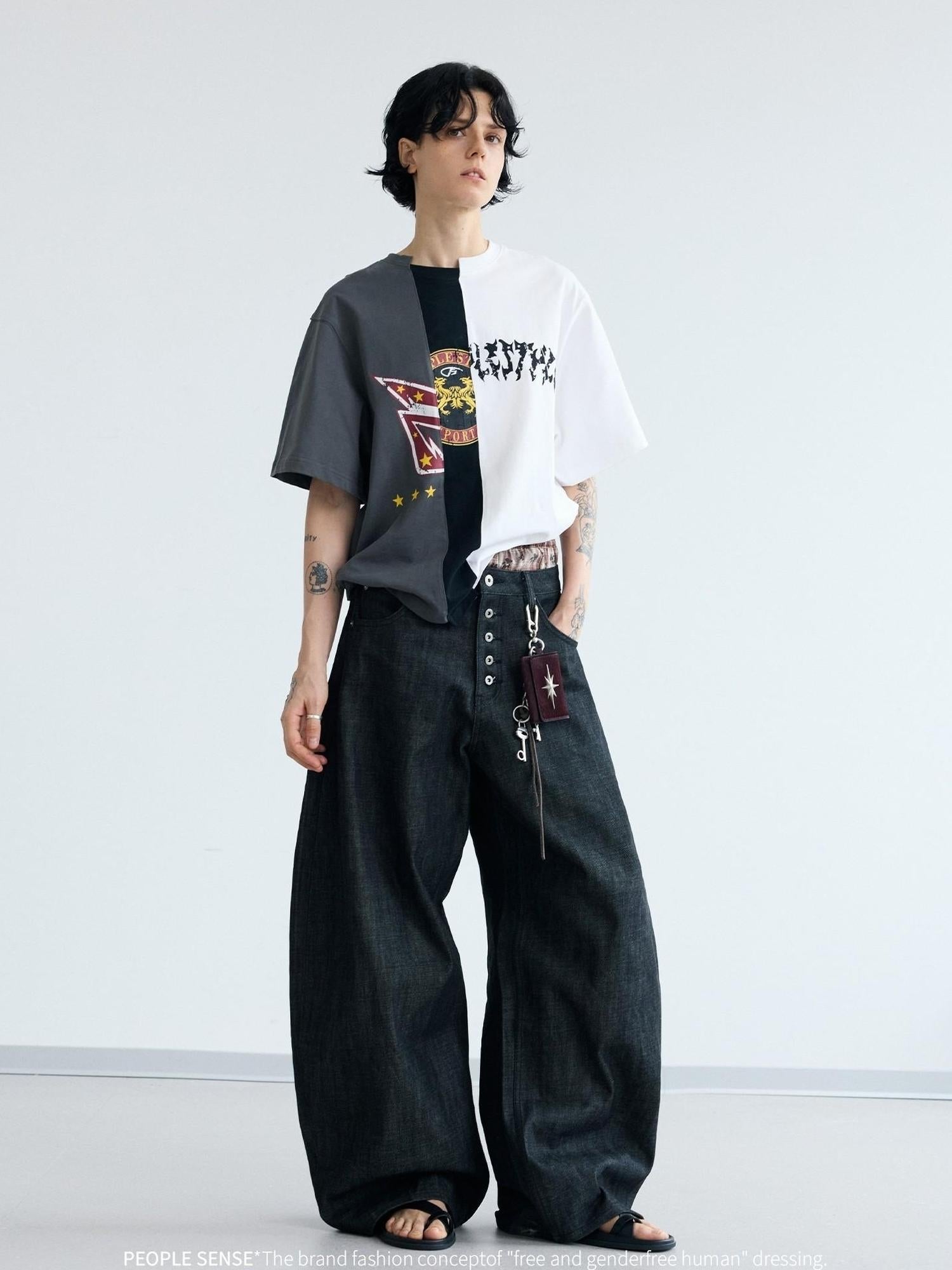 Peoplesense Unisex Black Wide Leg Scimitar Jeans Loose Fit Casual Pants