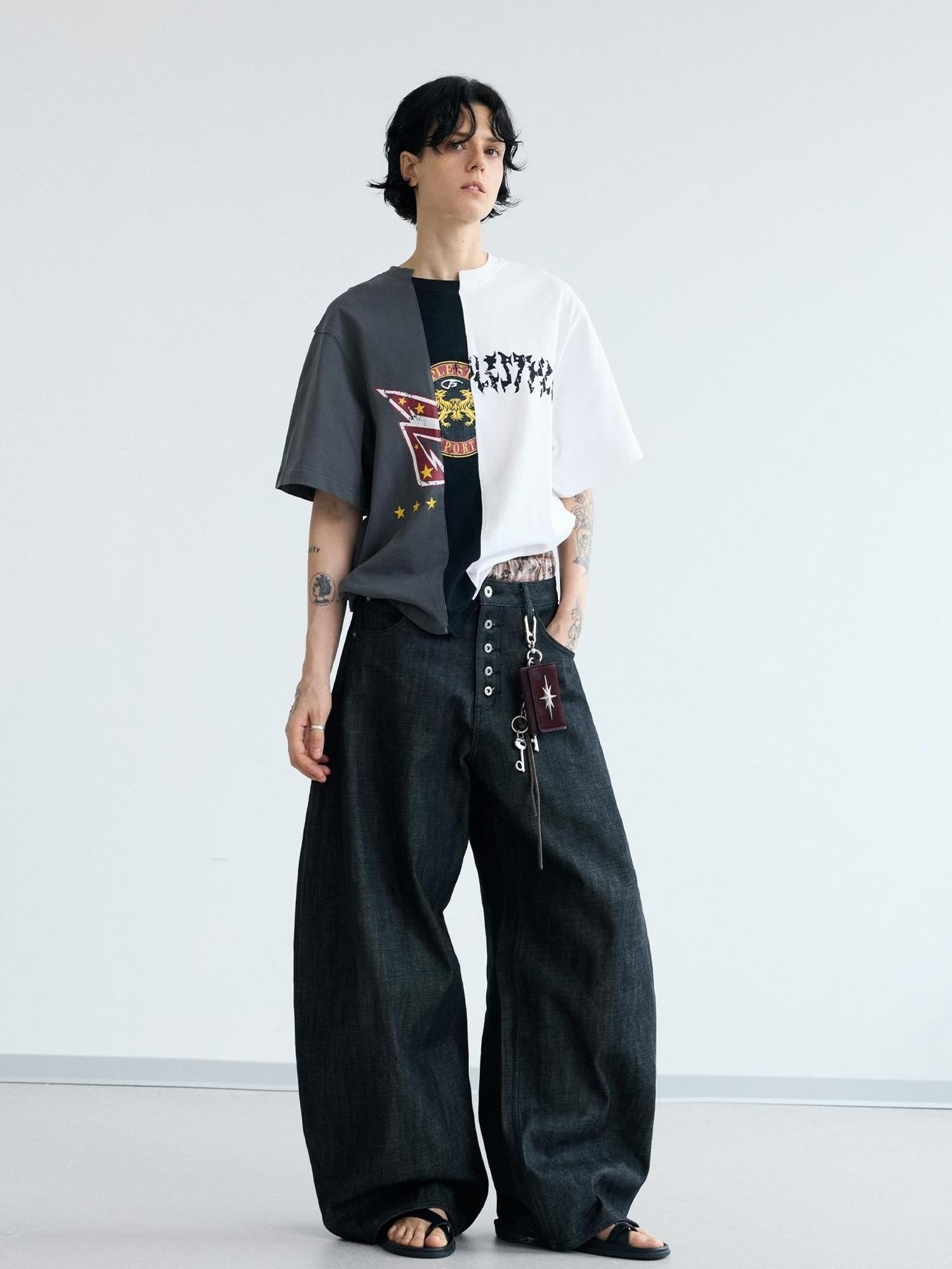 Peoplesense Unisex Black Wide Leg Scimitar Jeans Loose Fit Casual Pants