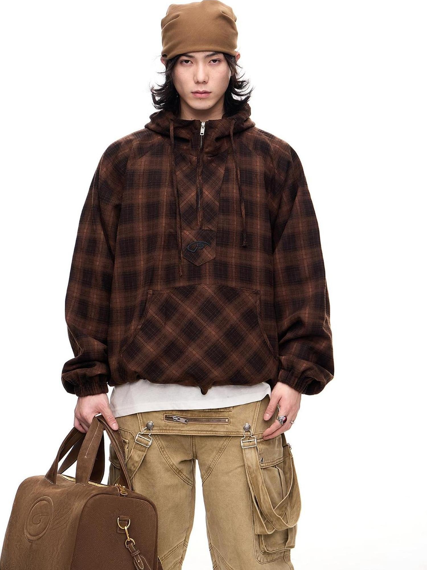 Peoplesense Unisex Checkered Contrast Drawstring Half Zip Hoodie