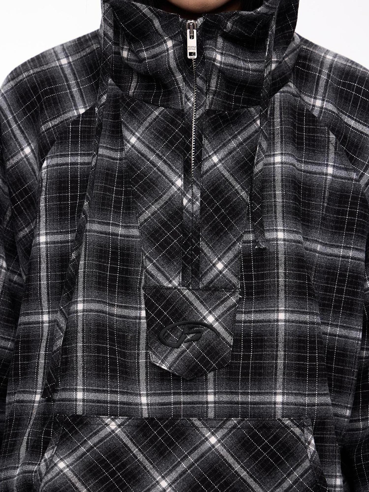 Peoplesense Unisex Checkered Contrast Drawstring Half Zip Hoodie