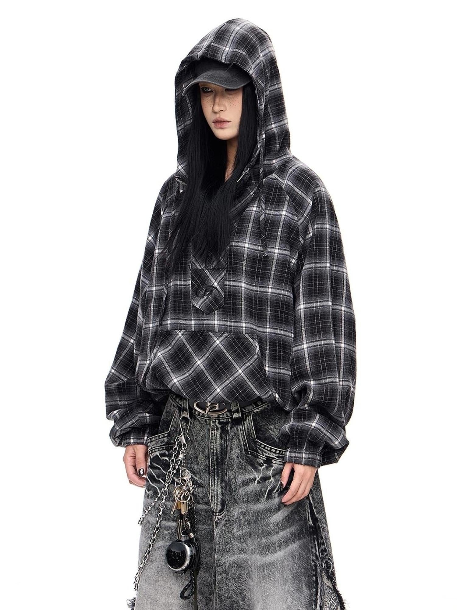 Peoplesense Unisex Checkered Contrast Drawstring Half Zip Hoodie
