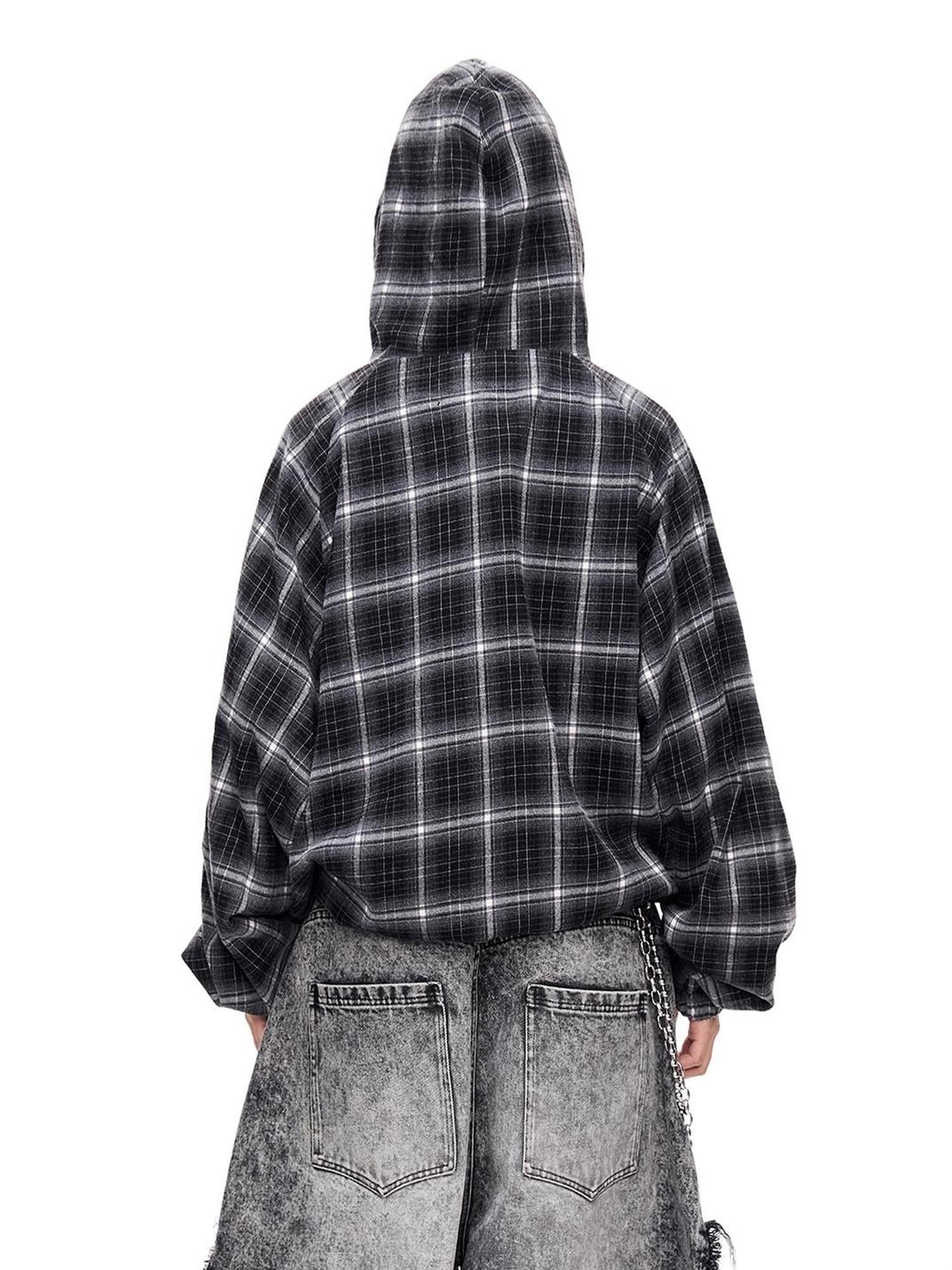 Peoplesense Unisex Checkered Contrast Drawstring Half Zip Hoodie
