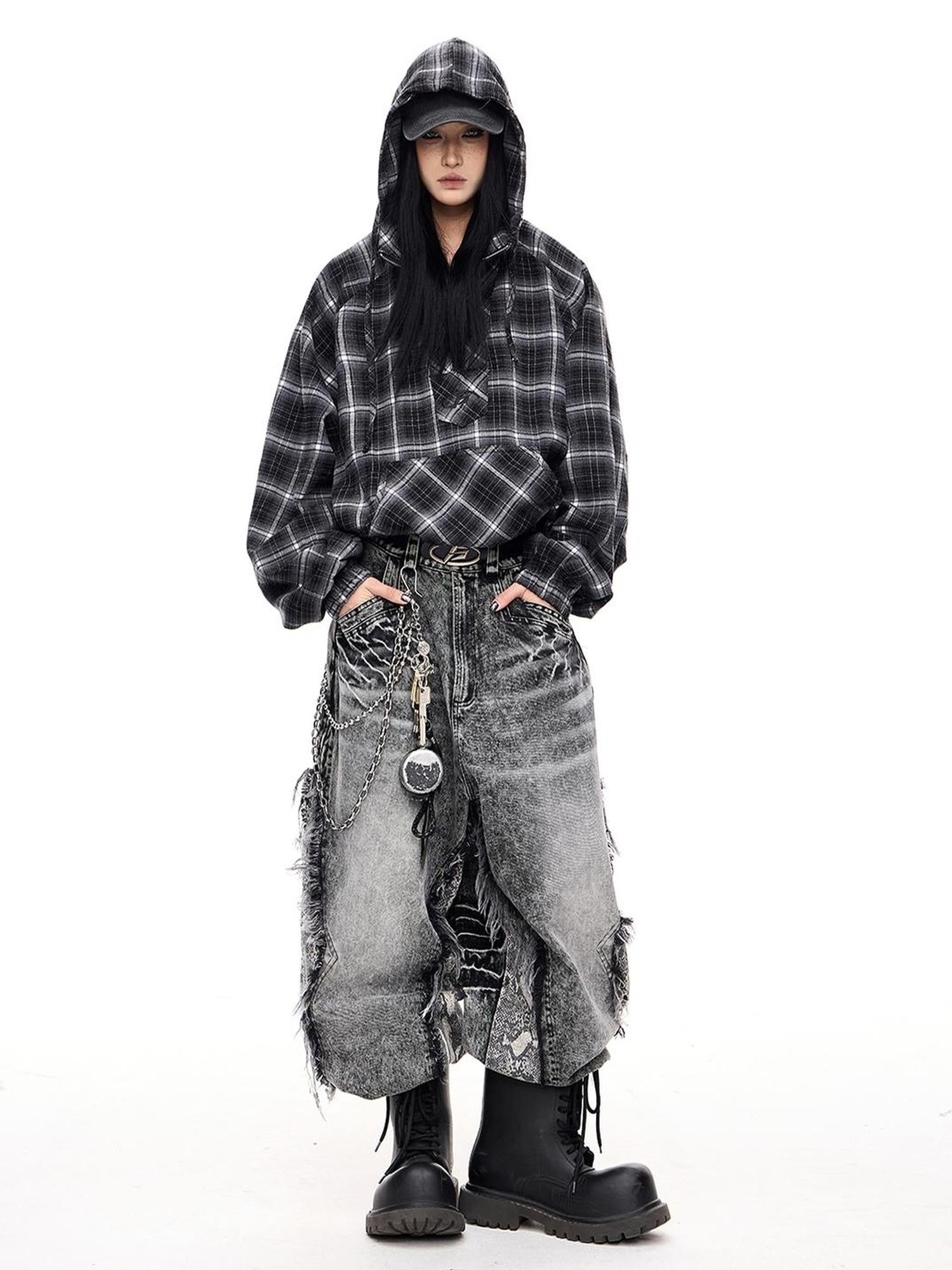 Peoplesense Unisex Checkered Contrast Drawstring Half Zip Hoodie