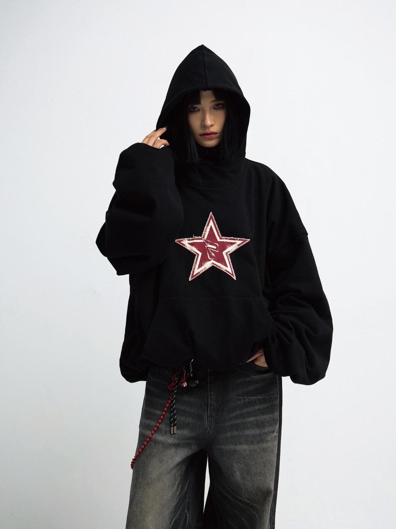 Peoplesense Unisex Loose Star Embroidered Black Hoodie
