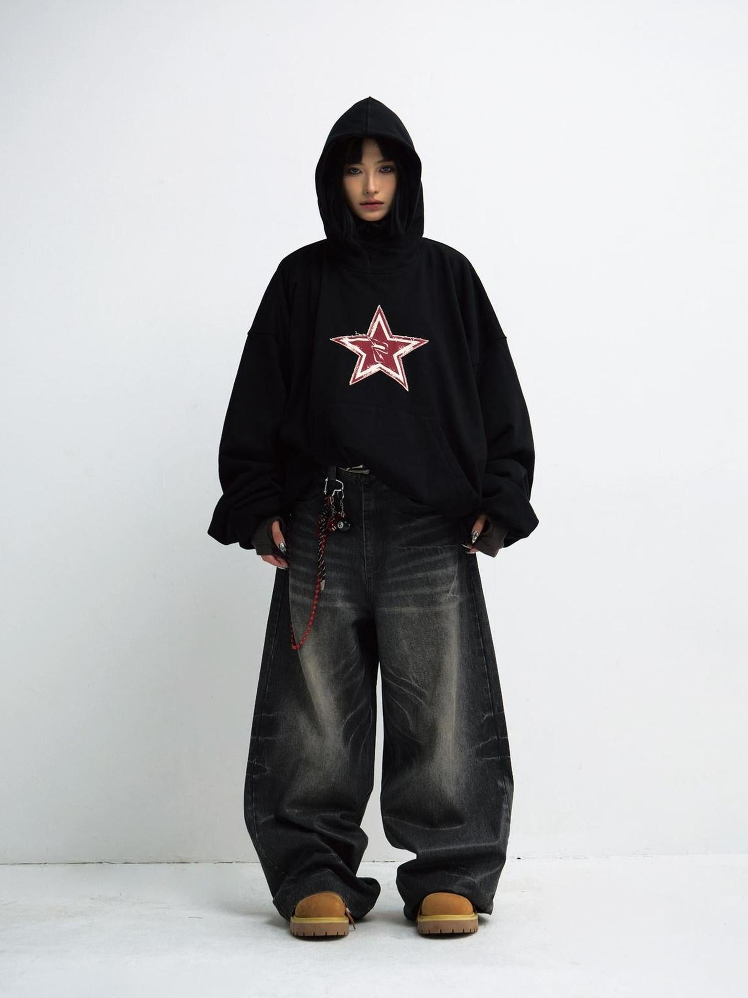 Peoplesense Unisex Loose Star Embroidered Black Hoodie