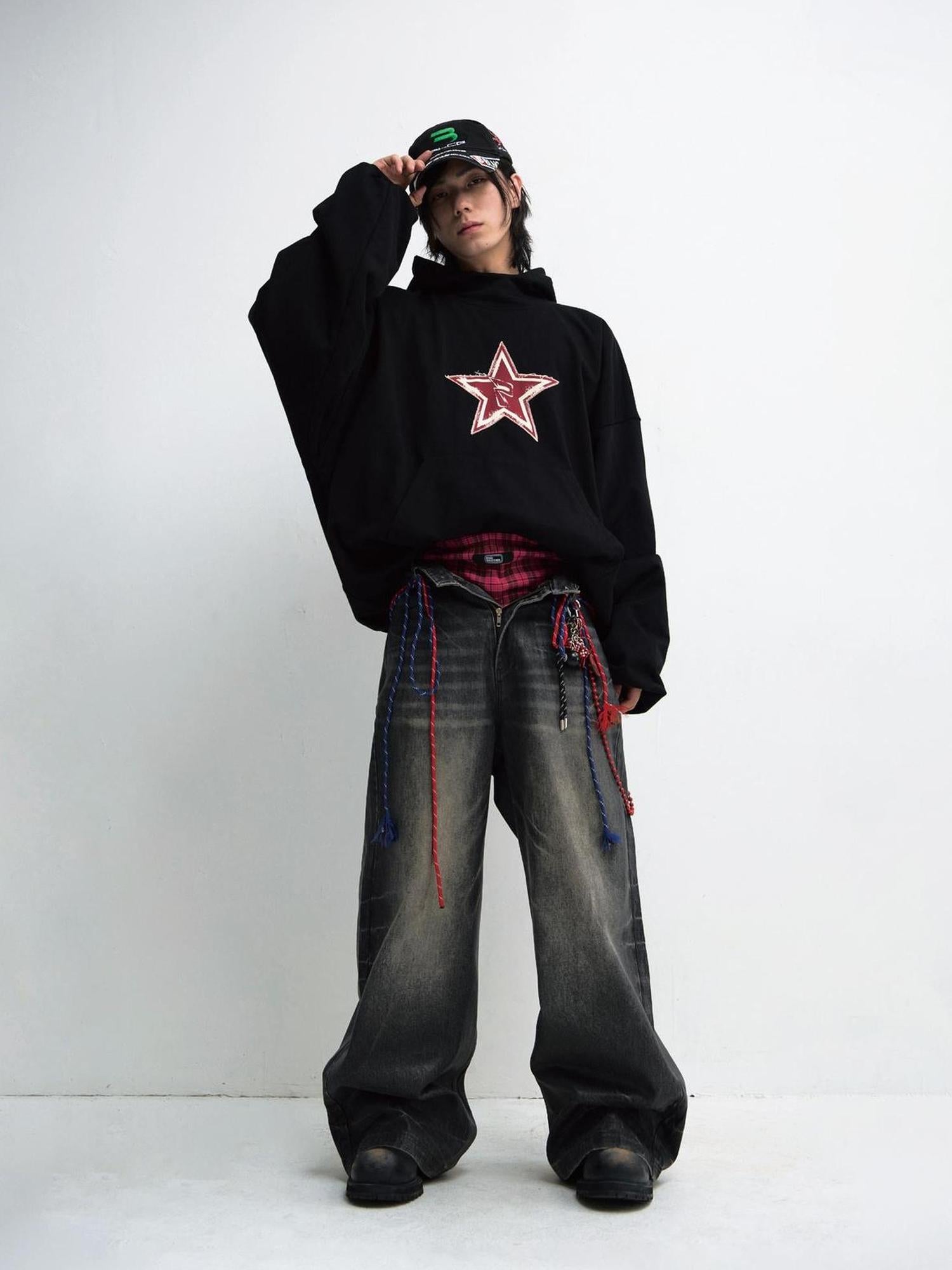 Peoplesense Unisex Loose Star Embroidered Black Hoodie