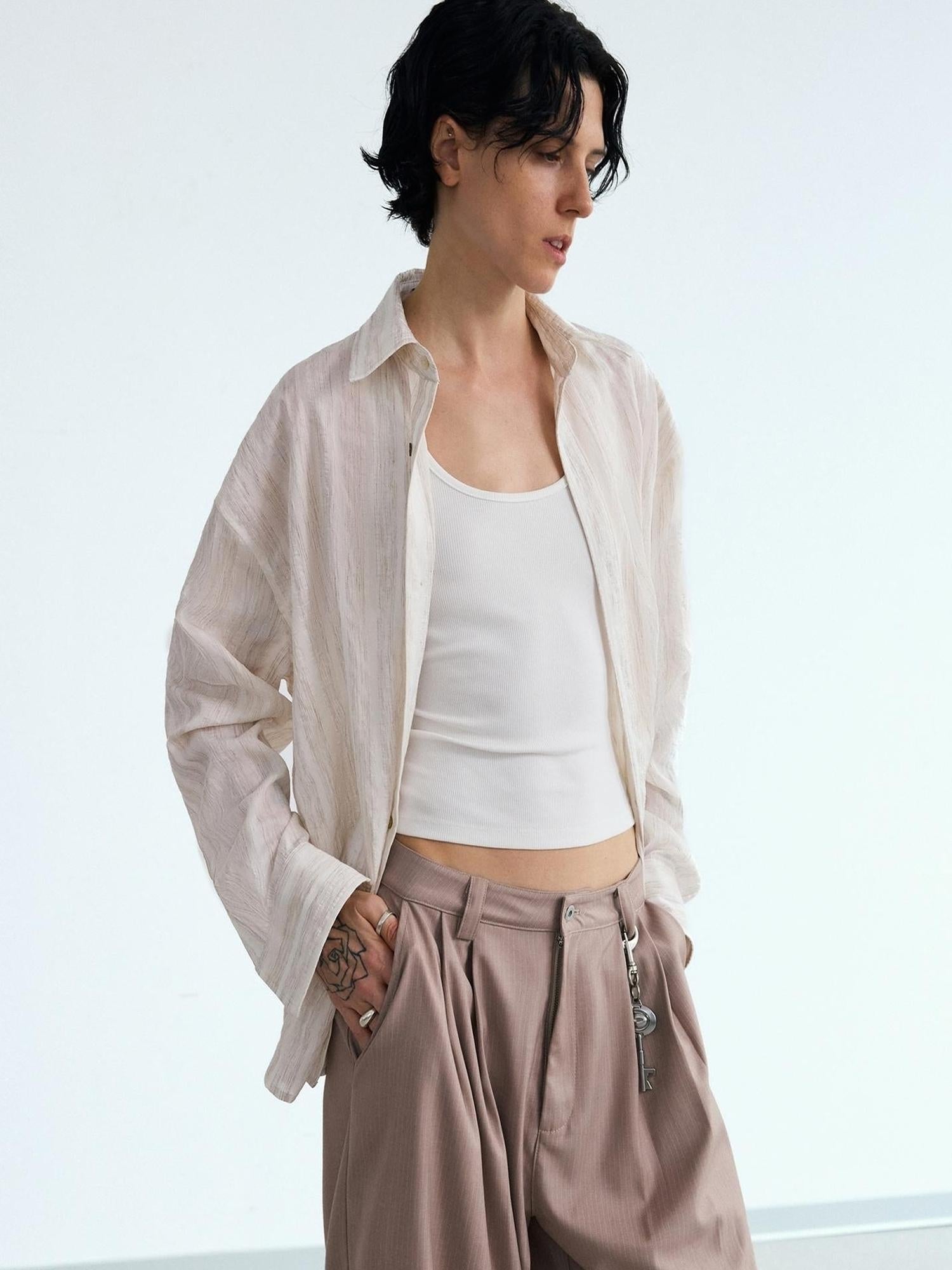 Peoplesense Unisex Loose Striped Cardigan Shirt Jacket In Off White