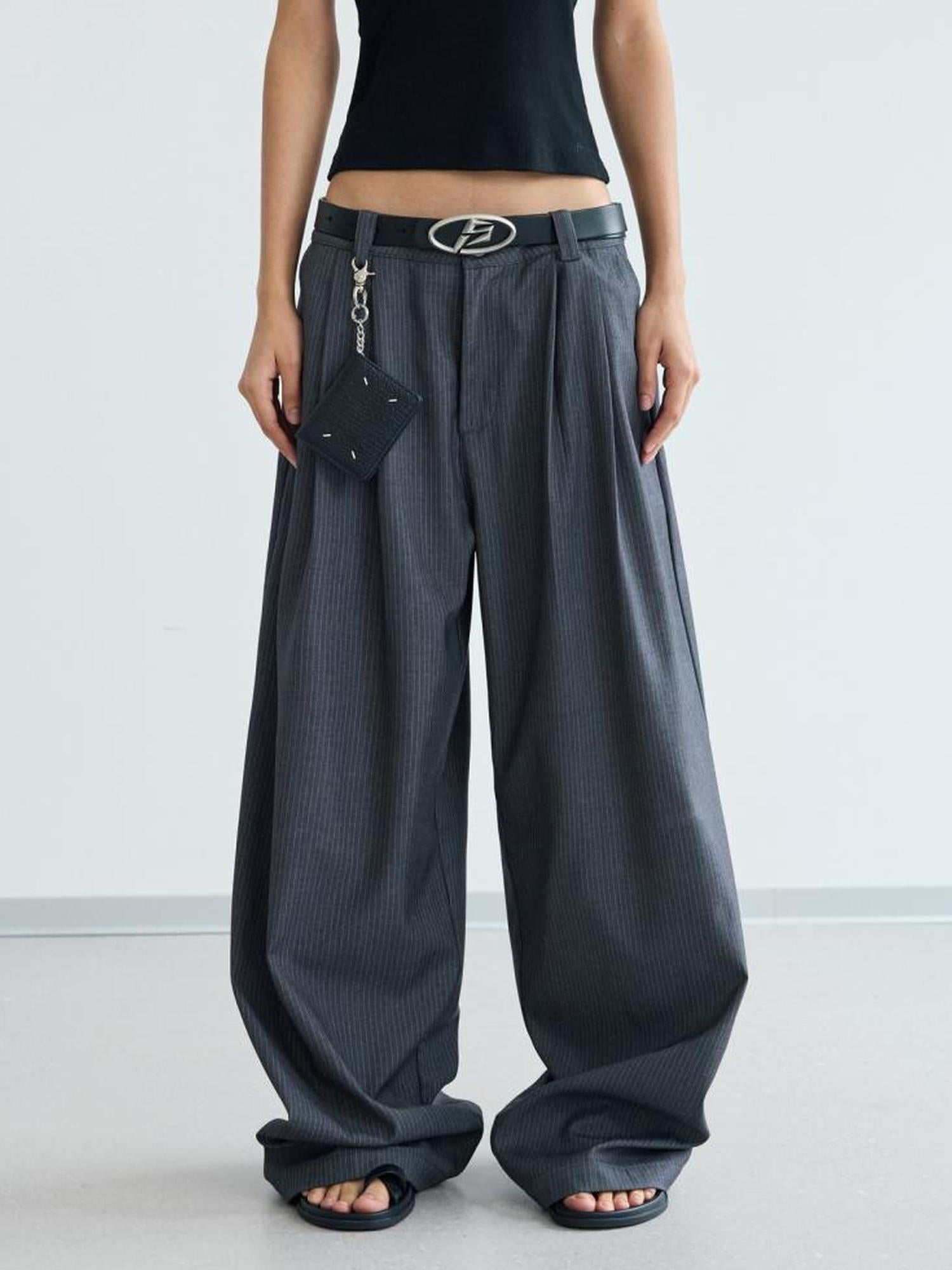 Peoplesense Unisex Striped Drape Straight Pants Loose Fit Polyester