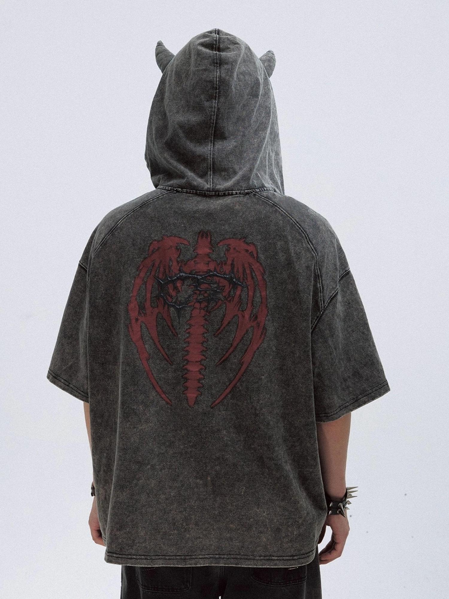 Peoplesense Unisex Vintage Black Demon Hooded Tee Loose Fit Cotton