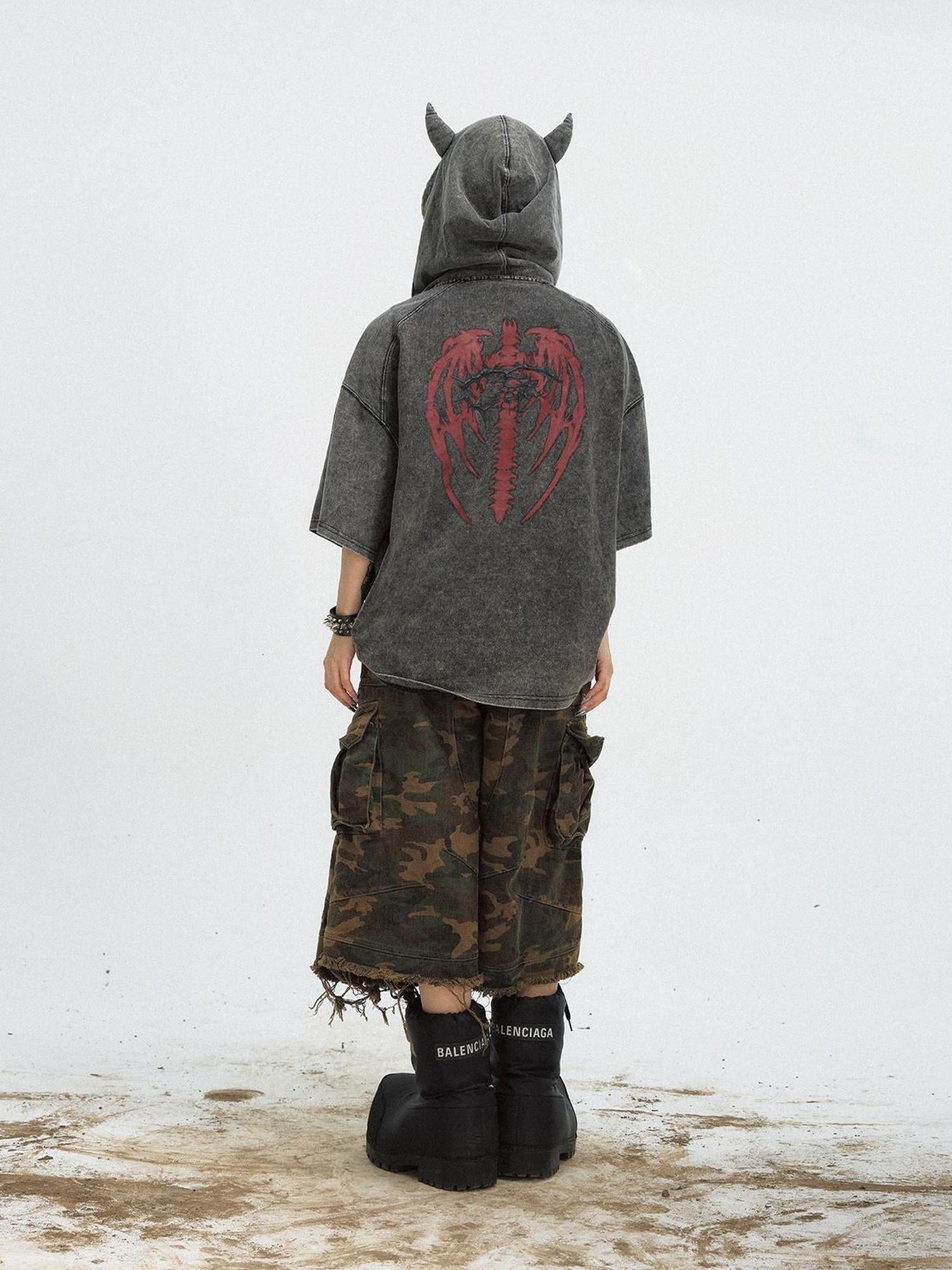 Peoplesense Unisex Vintage Black Demon Hooded Tee Loose Fit Cotton