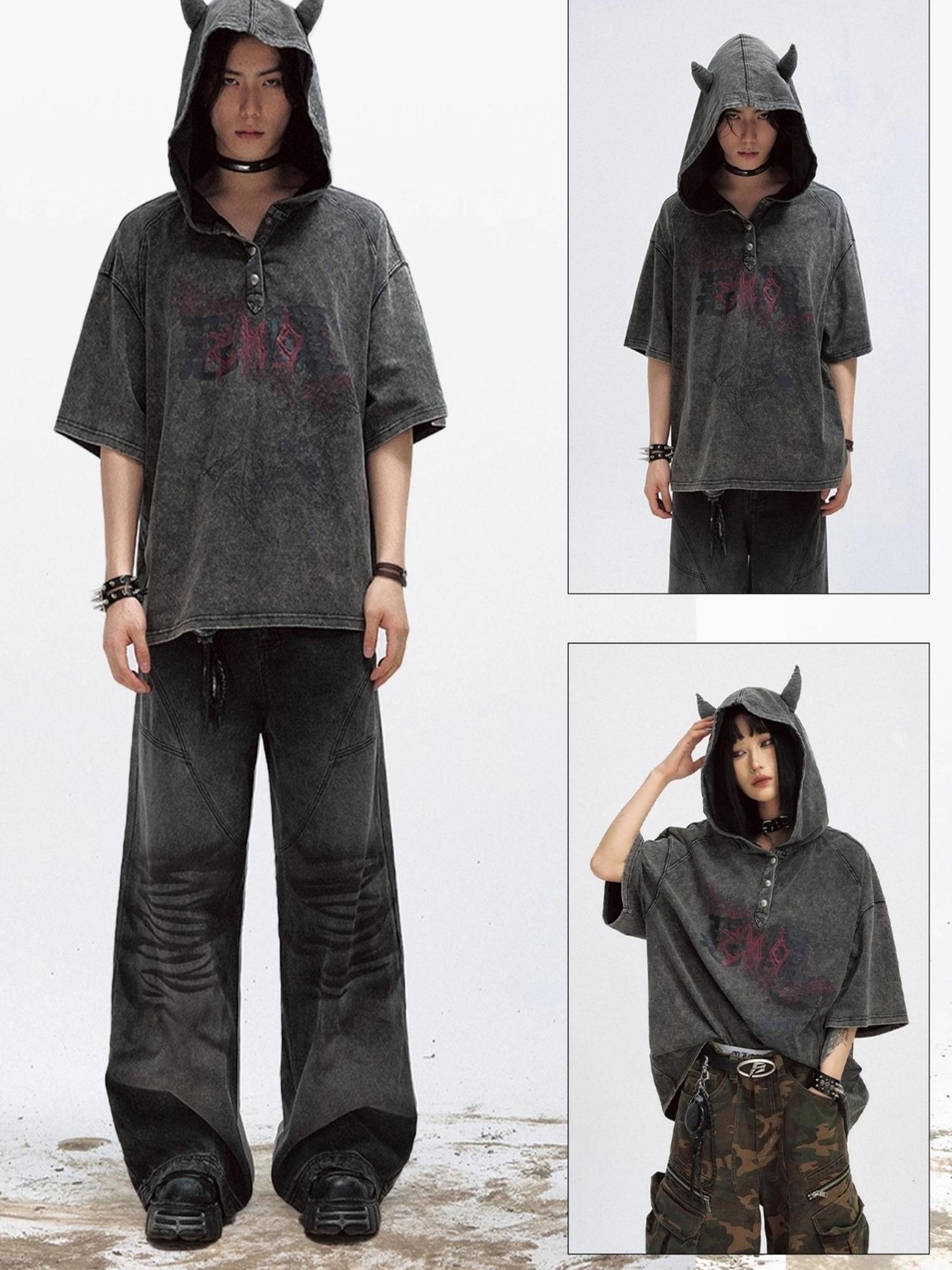Peoplesense Unisex Vintage Black Demon Hooded Tee Loose Fit Cotton