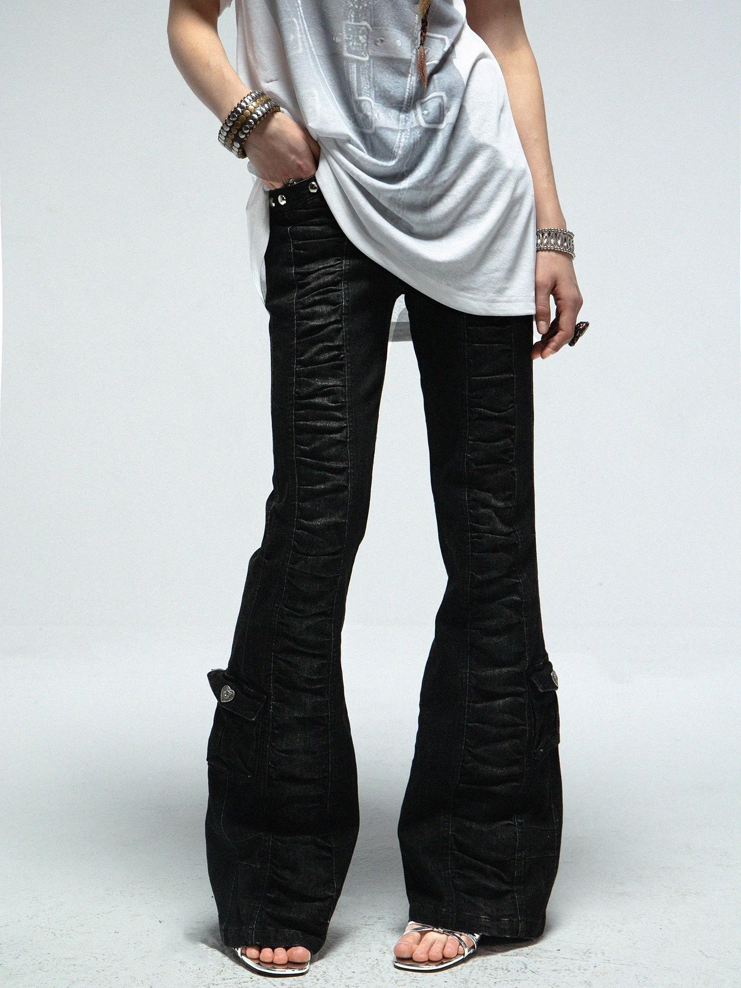 DoublePunch Upgraded Mid Waist Ruffle Slim Flare Jeans