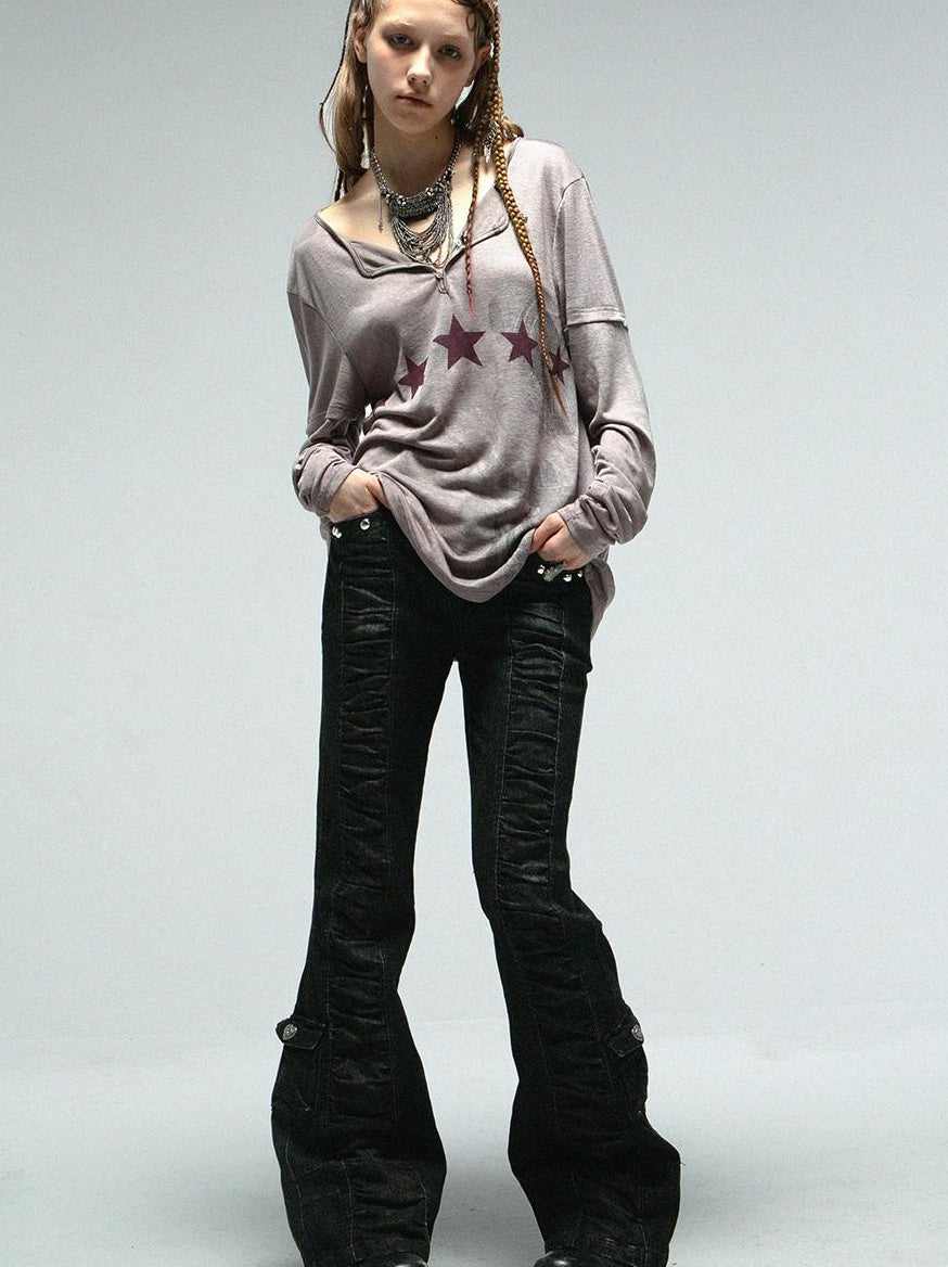 DoublePunch Upgraded Mid Waist Ruffle Slim Flare Jeans