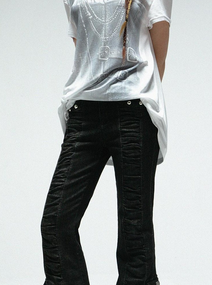 DoublePunch Upgraded Mid Waist Ruffle Slim Flare Jeans