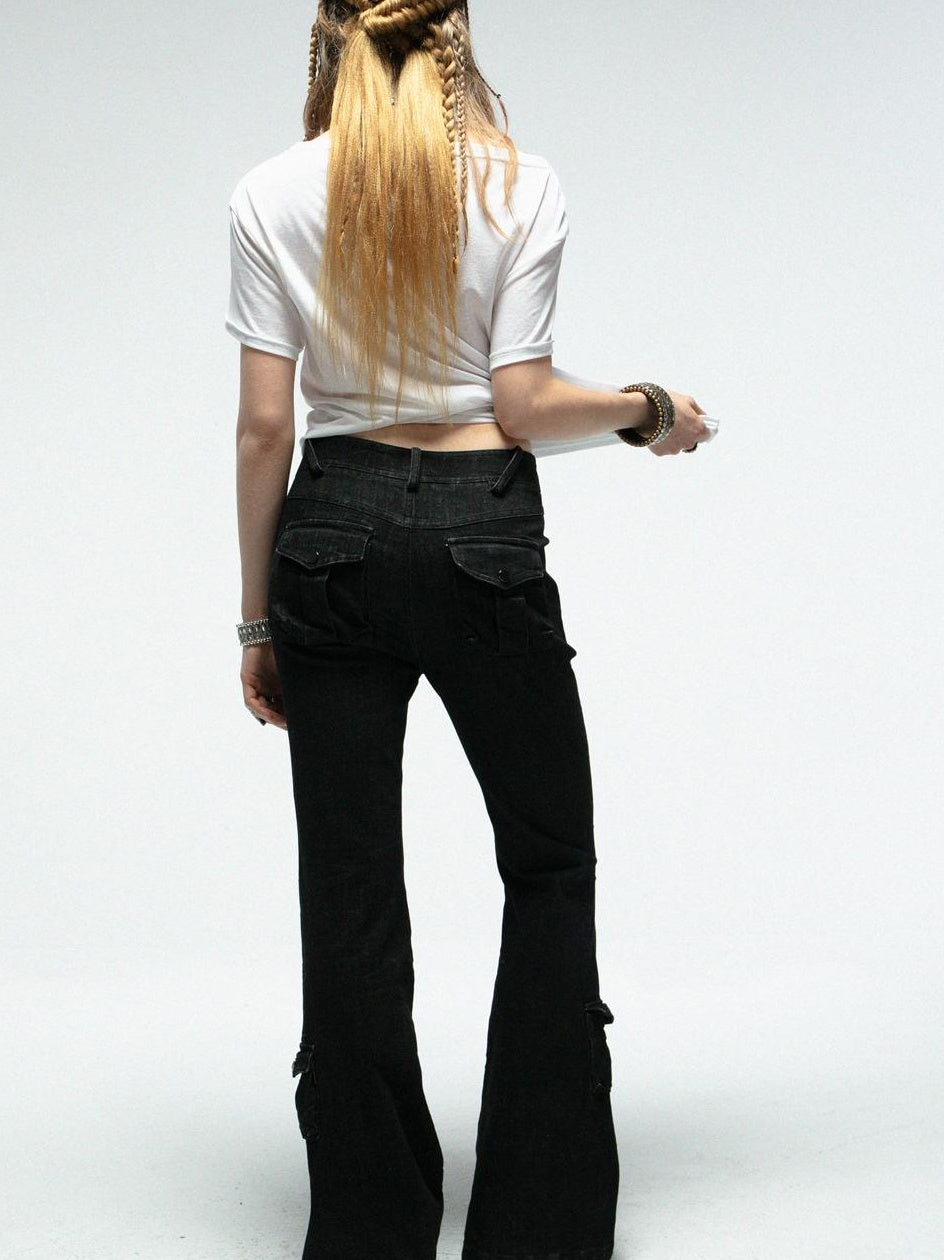 DoublePunch Upgraded Mid Waist Ruffle Slim Flare Jeans