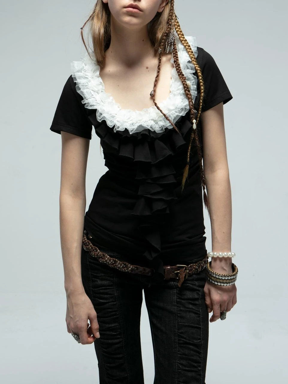 Upgraded Mid Waist Ruffle Slim Flare Jeans