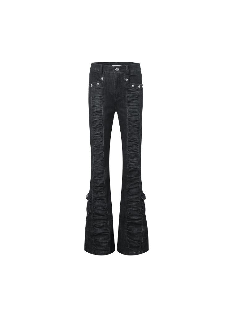 DoublePunch Upgraded Mid Waist Ruffle Slim Flare Jeans