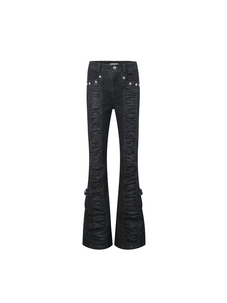 Upgraded Mid Waist Ruffle Slim Flare Jeans