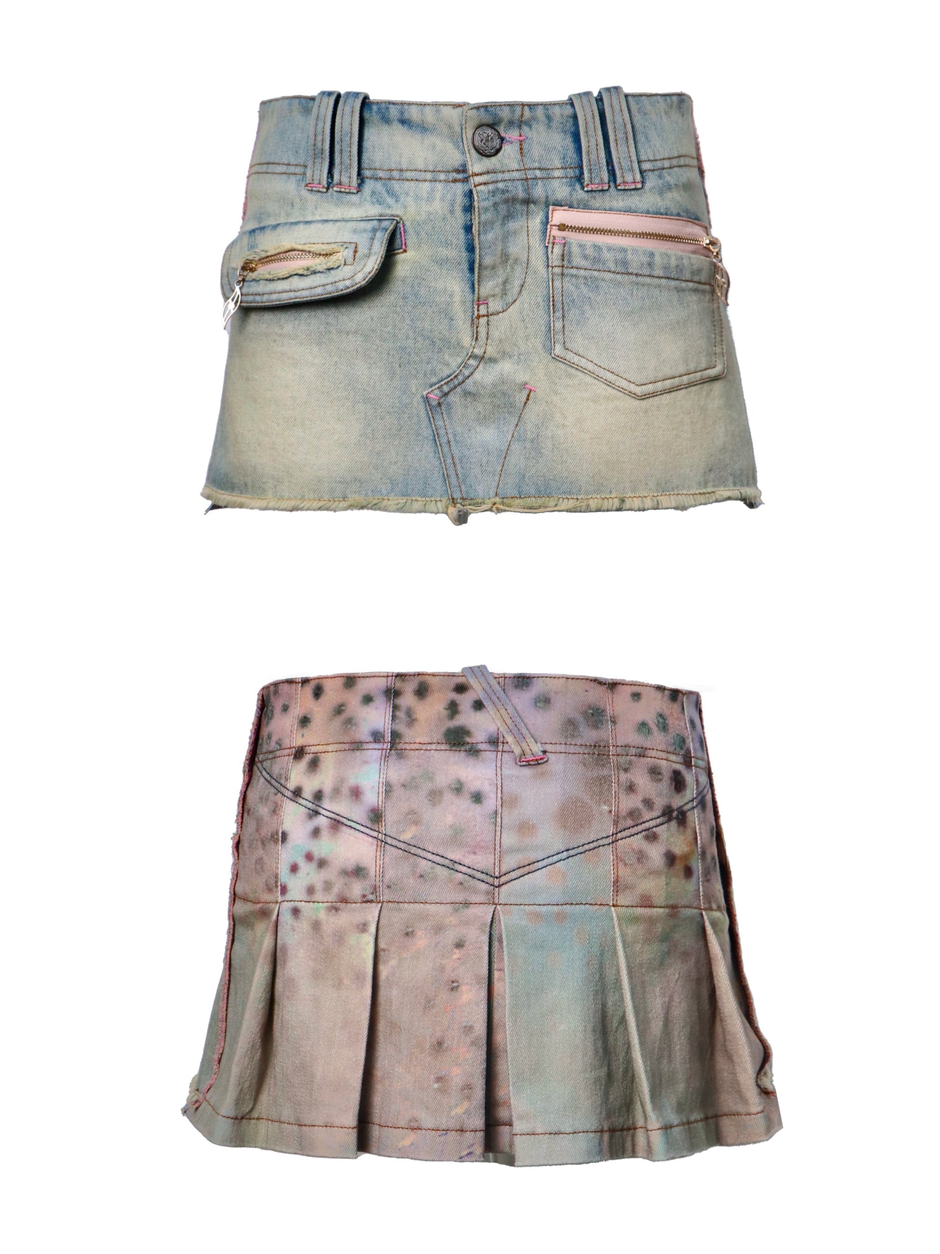 Flowers birds Market Double Sided Polka Dot Print Stretch Denim Mini Skirt
