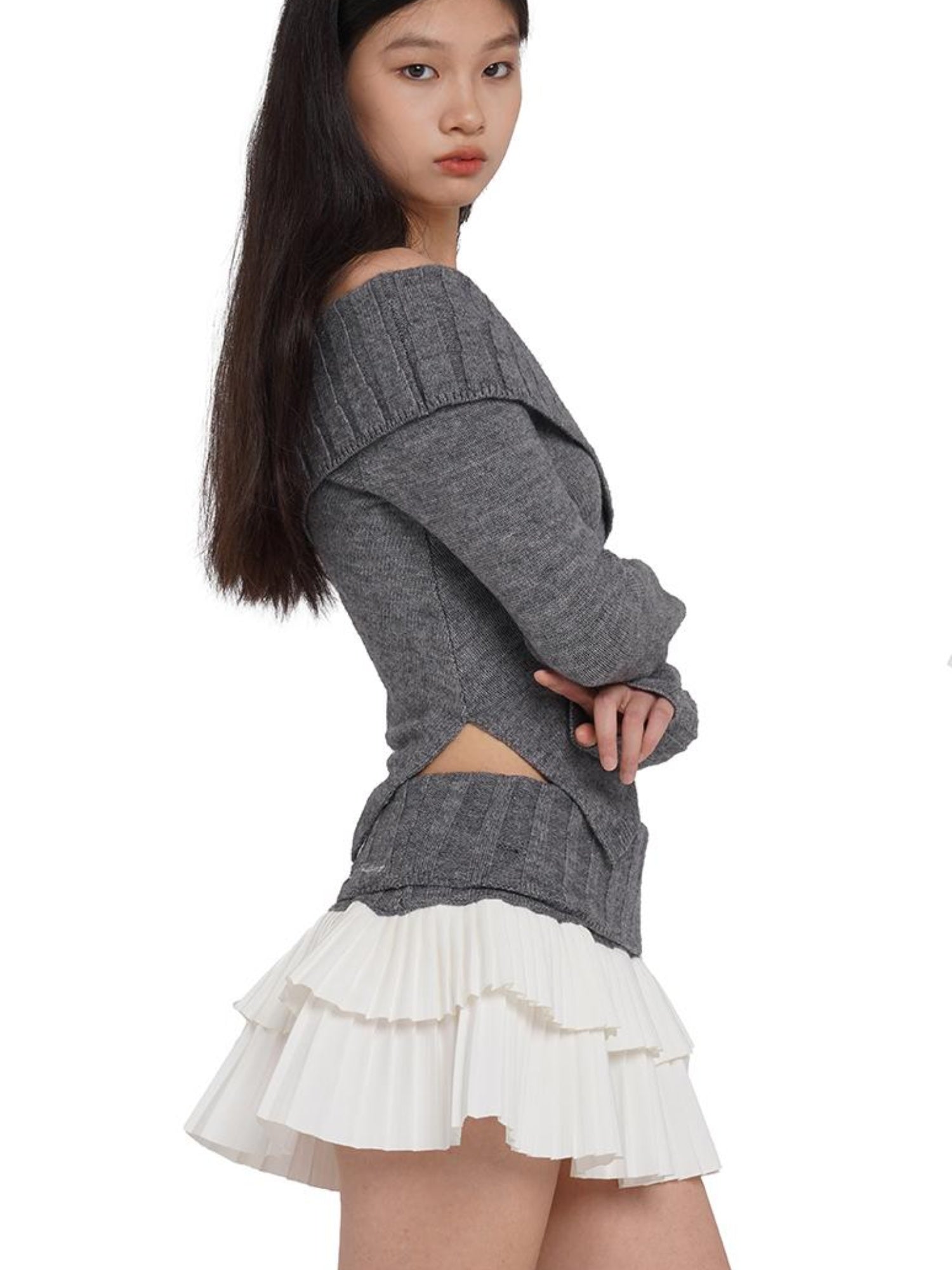 SweetChilling V-Neck Knit Sweater & Layered Pleated Skirt Set For Women