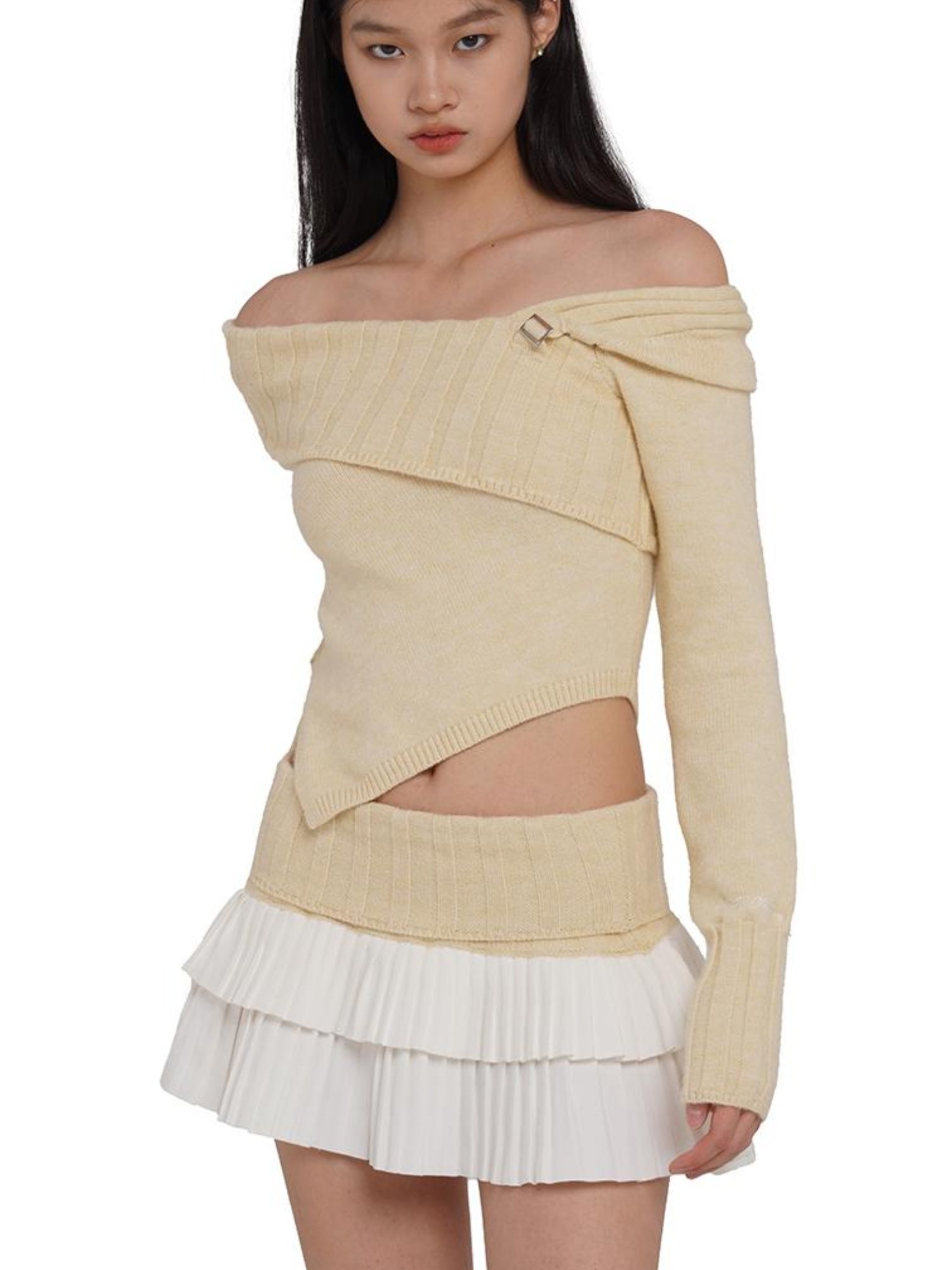 SweetChilling V-Neck Knit Sweater & Layered Pleated Skirt Set For Women