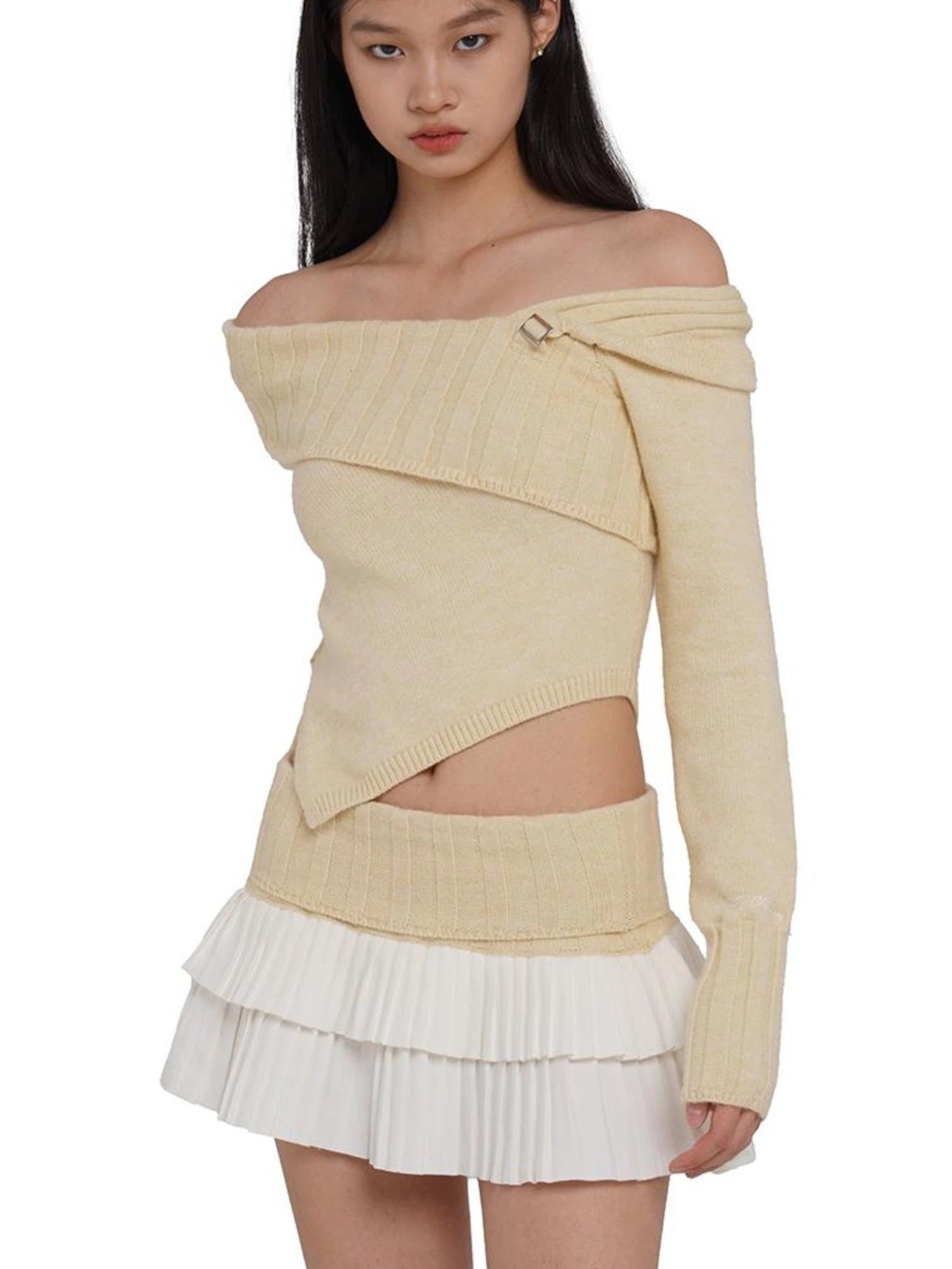 V-Neck Knit Sweater & Layered Pleated Skirt Set For Women