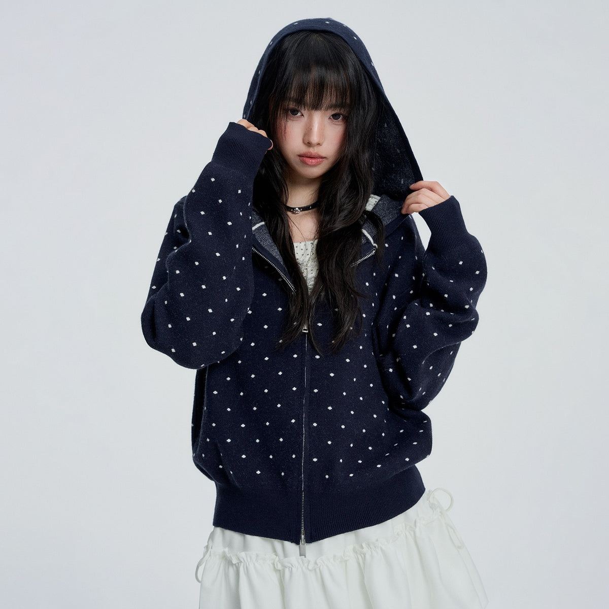 VEEMIX_Blue_Polka_Dot_Loose_Knit_Hooded_Women&