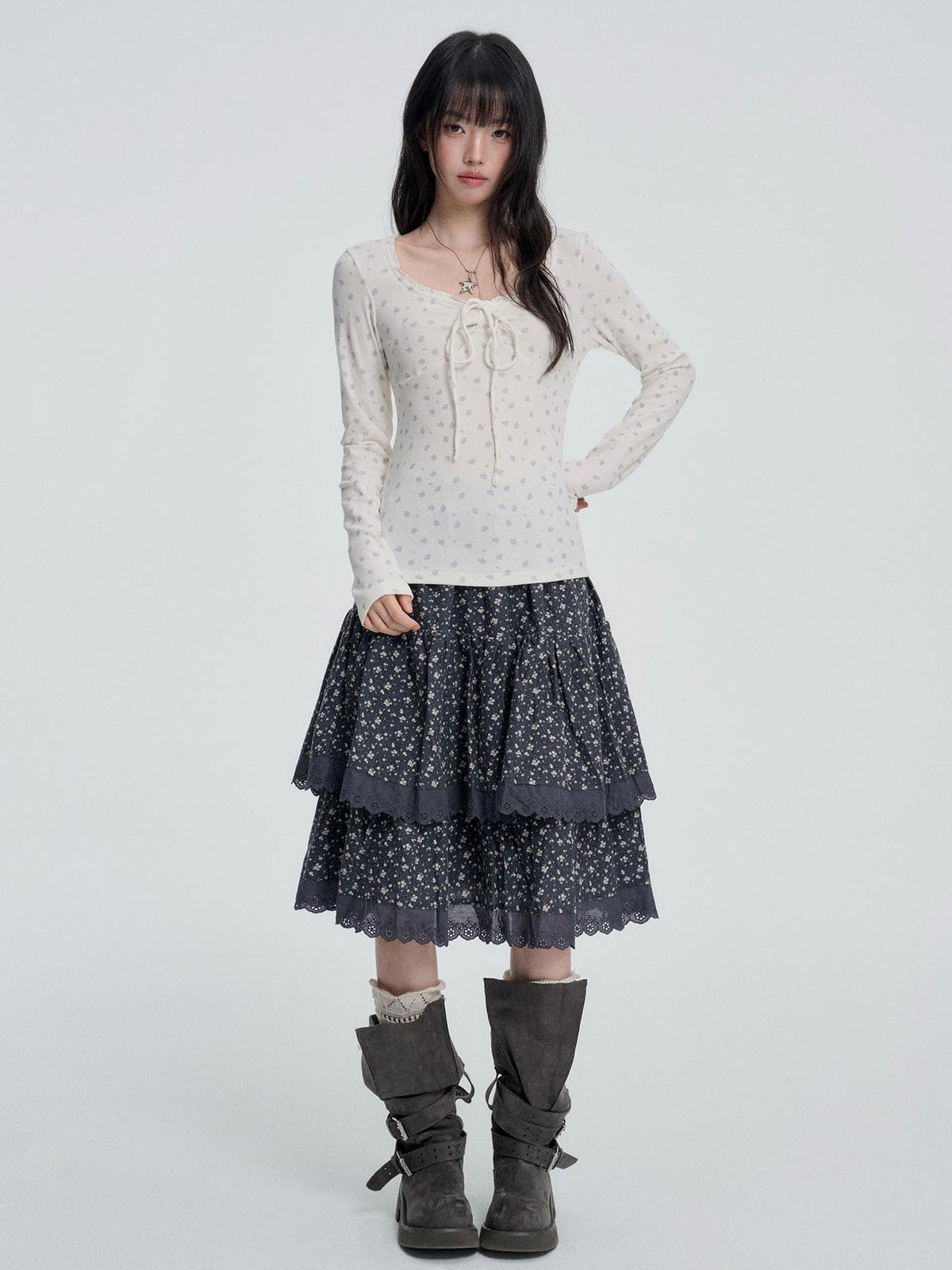 VEEMIX Floral Lace Trim Slim Fit Round Neck Women&