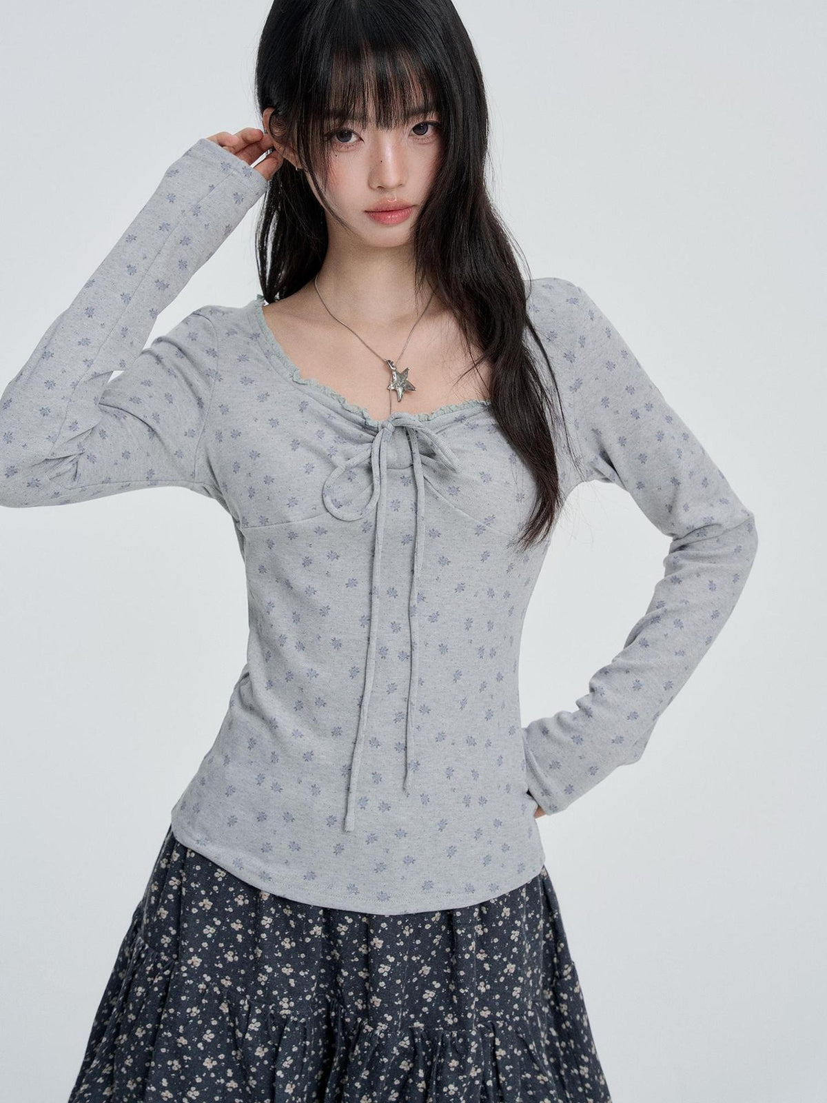 VEEMIX Floral Lace Trim Slim Fit Round Neck Women&