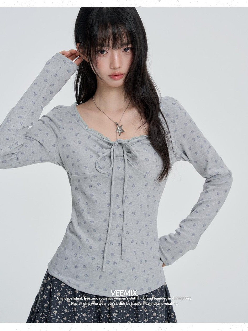 VEEMIX Floral Lace Trim Slim Fit Round Neck Women&
