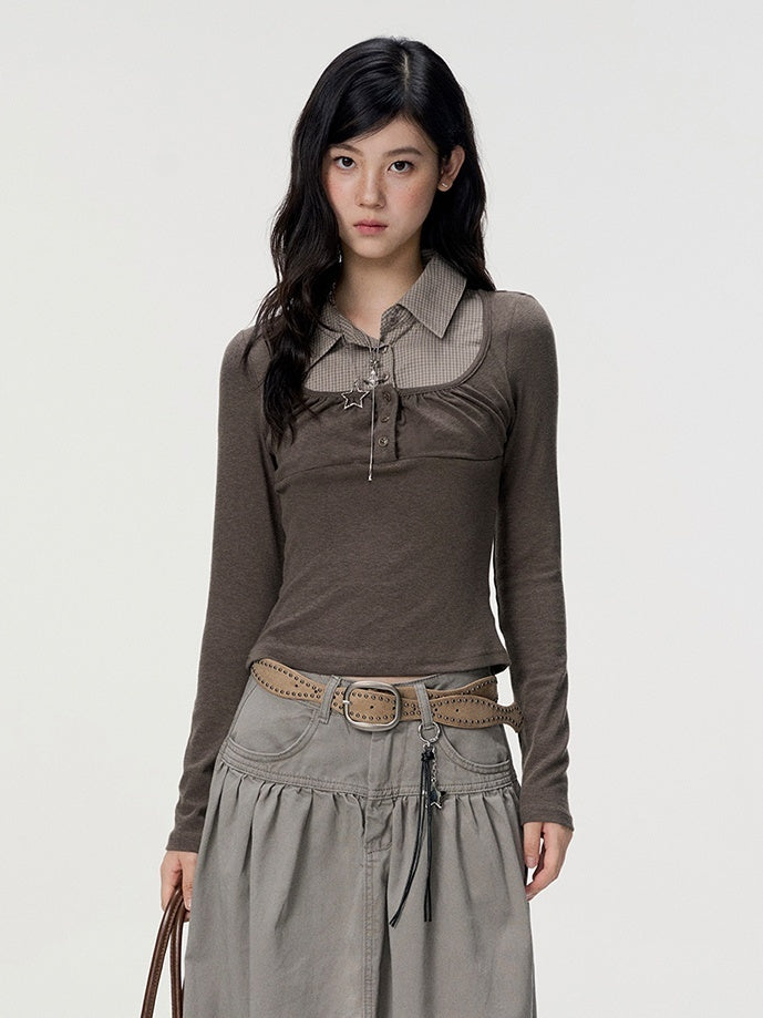 VEEMIX_Gray_Plaid_Fake_Two_Piece_Button_Women&
