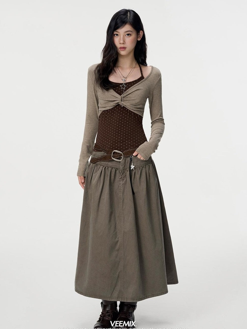 VEEMIX Grey Polka Dot Faux Two Piece Sweet Slim Fit Women&
