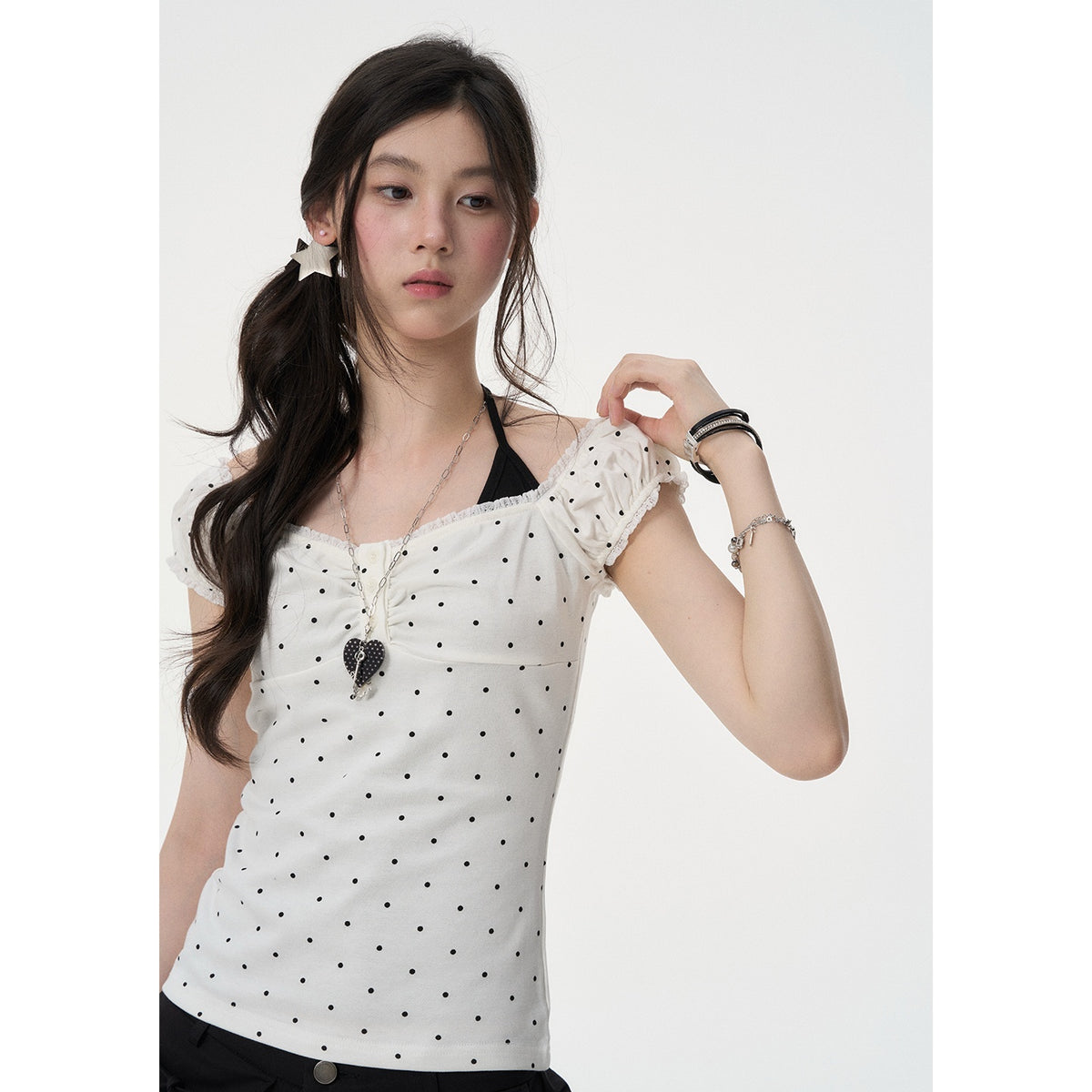 VEEMIX_Grey_Polka_Dot_Halter_Neck_Illusion_Two_Piece_Puff_Sleeve_Women&