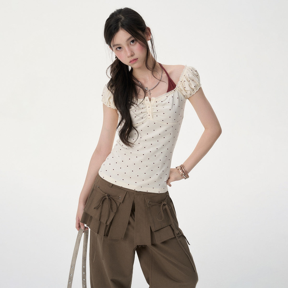 VEEMIX_Grey_Polka_Dot_Halter_Neck_Illusion_Two_Piece_Puff_Sleeve_Women&