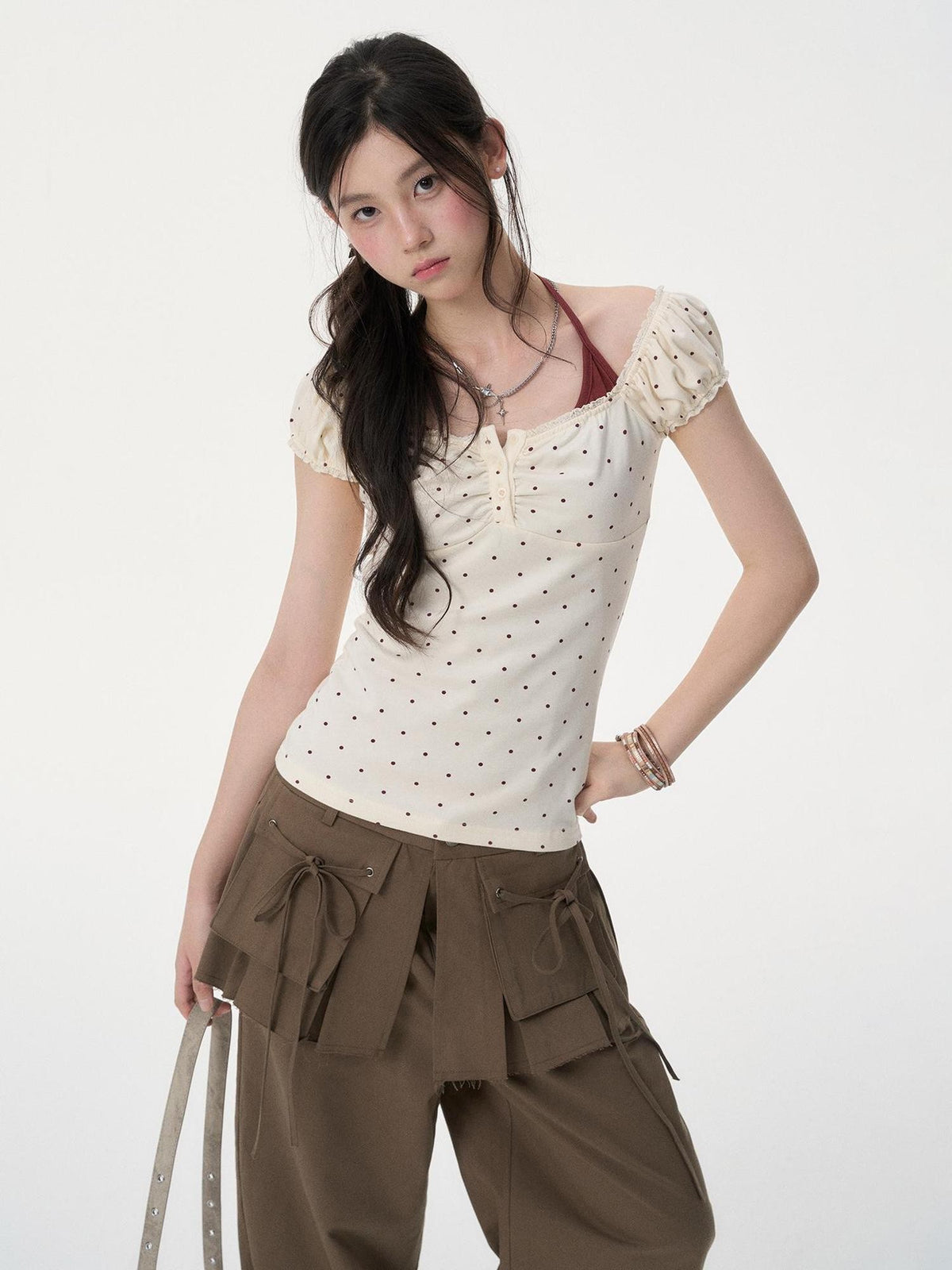 VEEMIX Grey Polka Dot Halter Neck Illusion Two Piece Puff Sleeve Women&