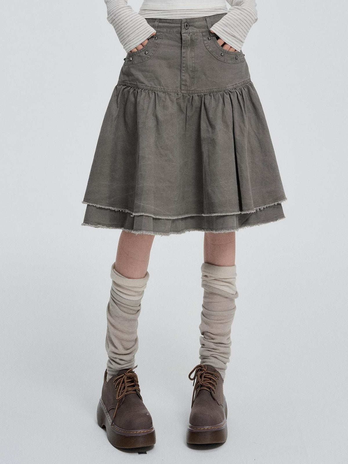 VEEMIX High Waist Beaded Pleated Japanese Style A Line Cotton Women&