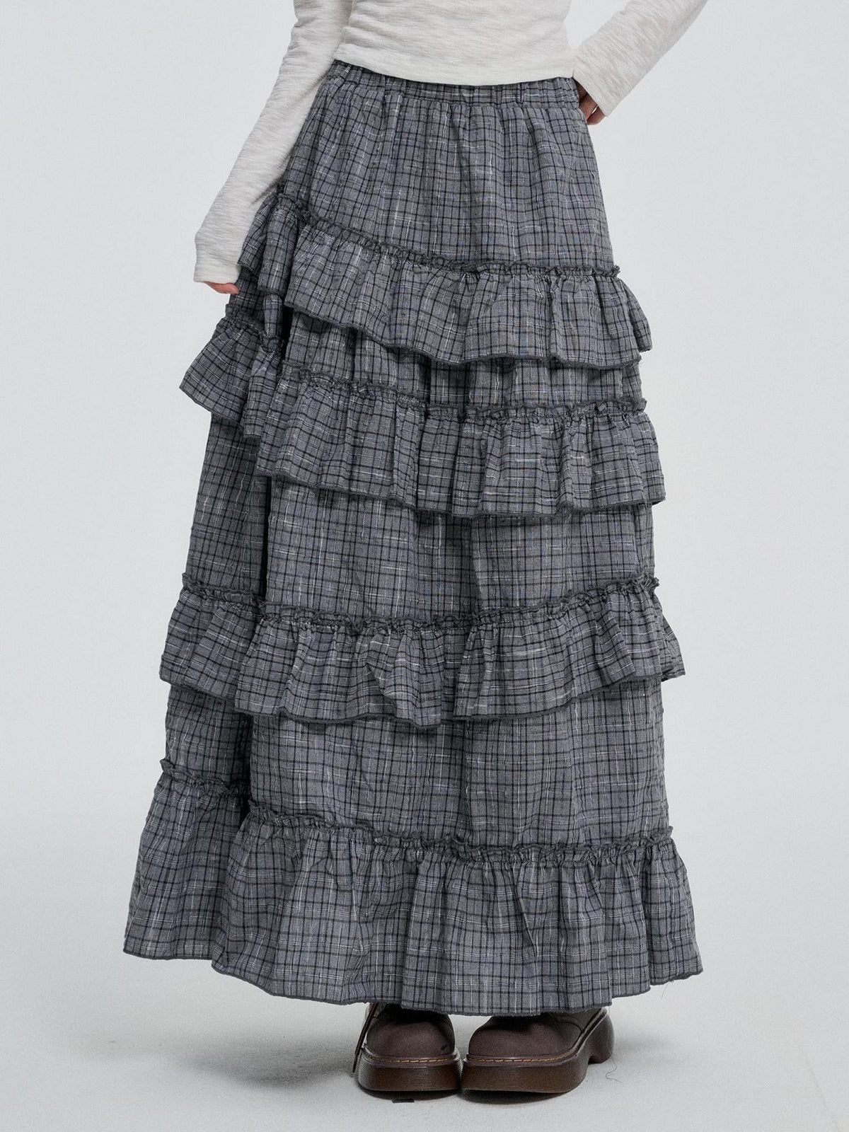 VEEMIX Plaid Asymmetric Ruffle Tiered Women&